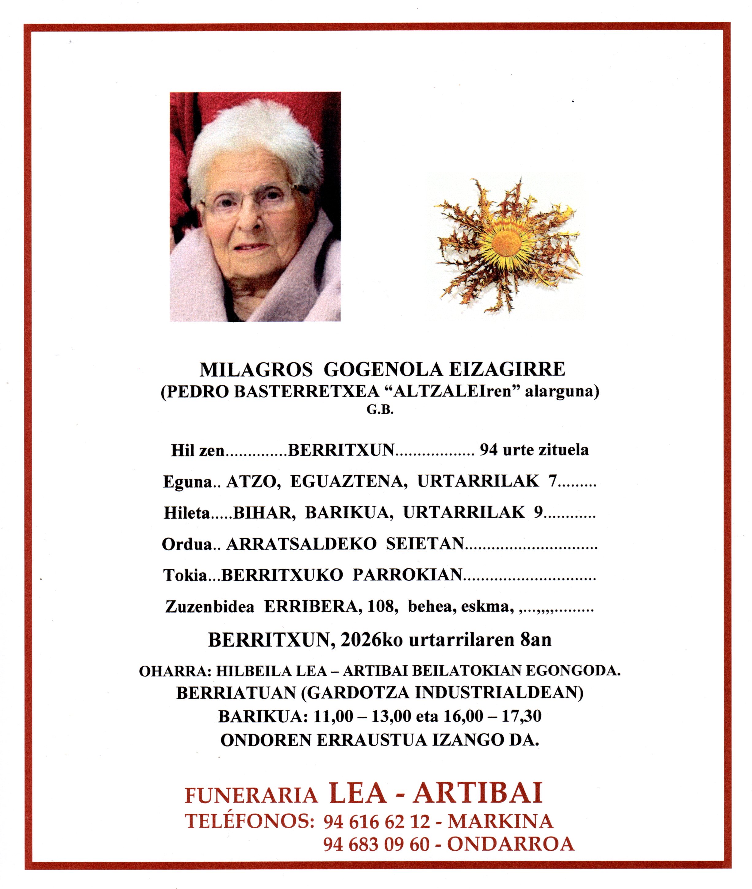 Esquela de Milagros Gogenola Eizagirre