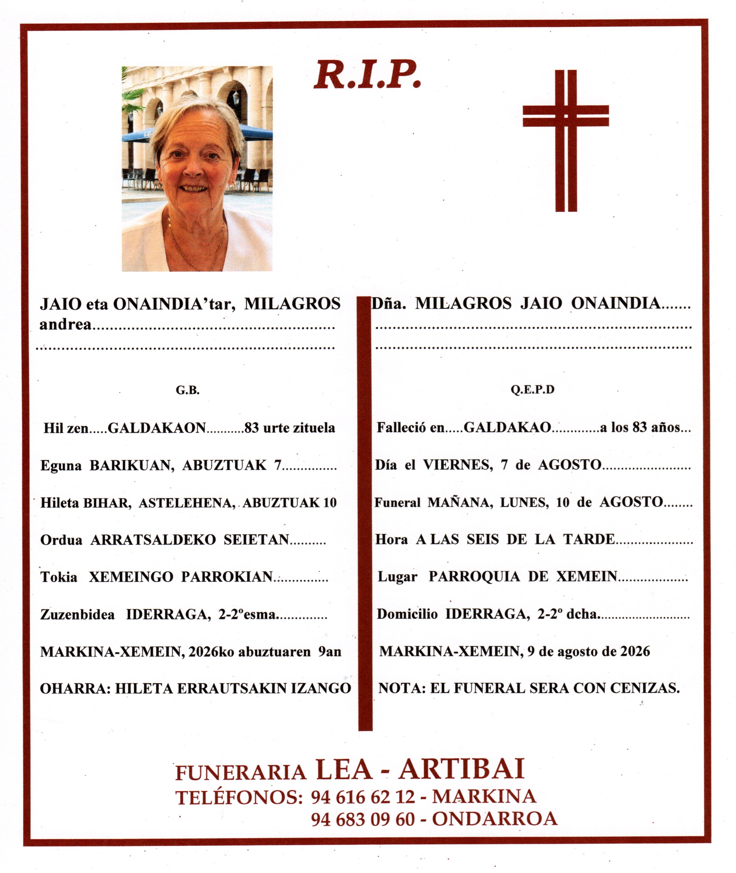 Esquela de Milagros Jaio Onaindia