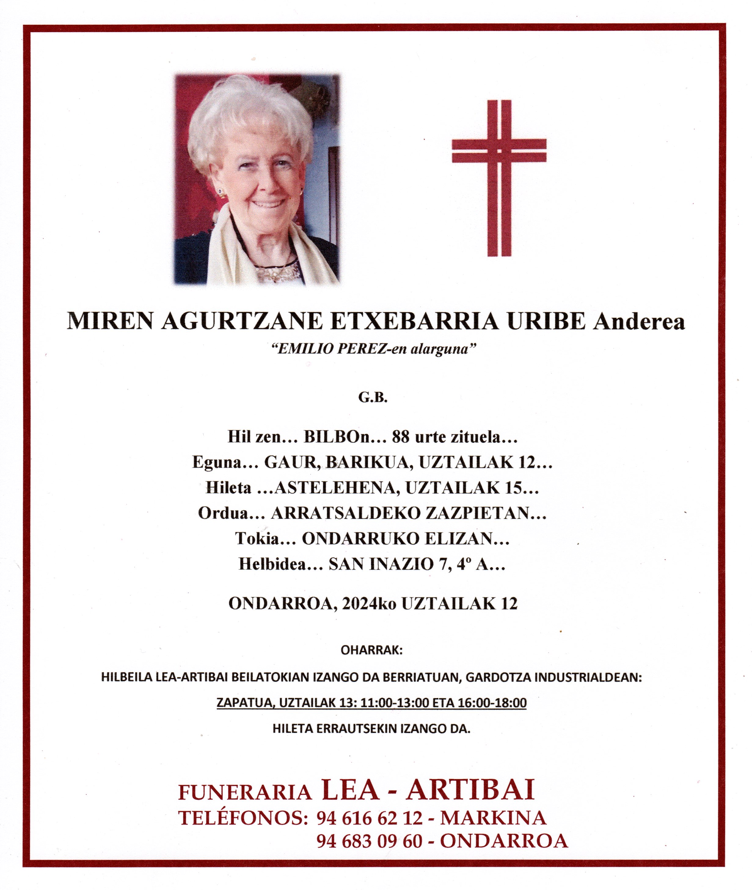 Esquela de Miren Agurtzane Etxebarria Uribe