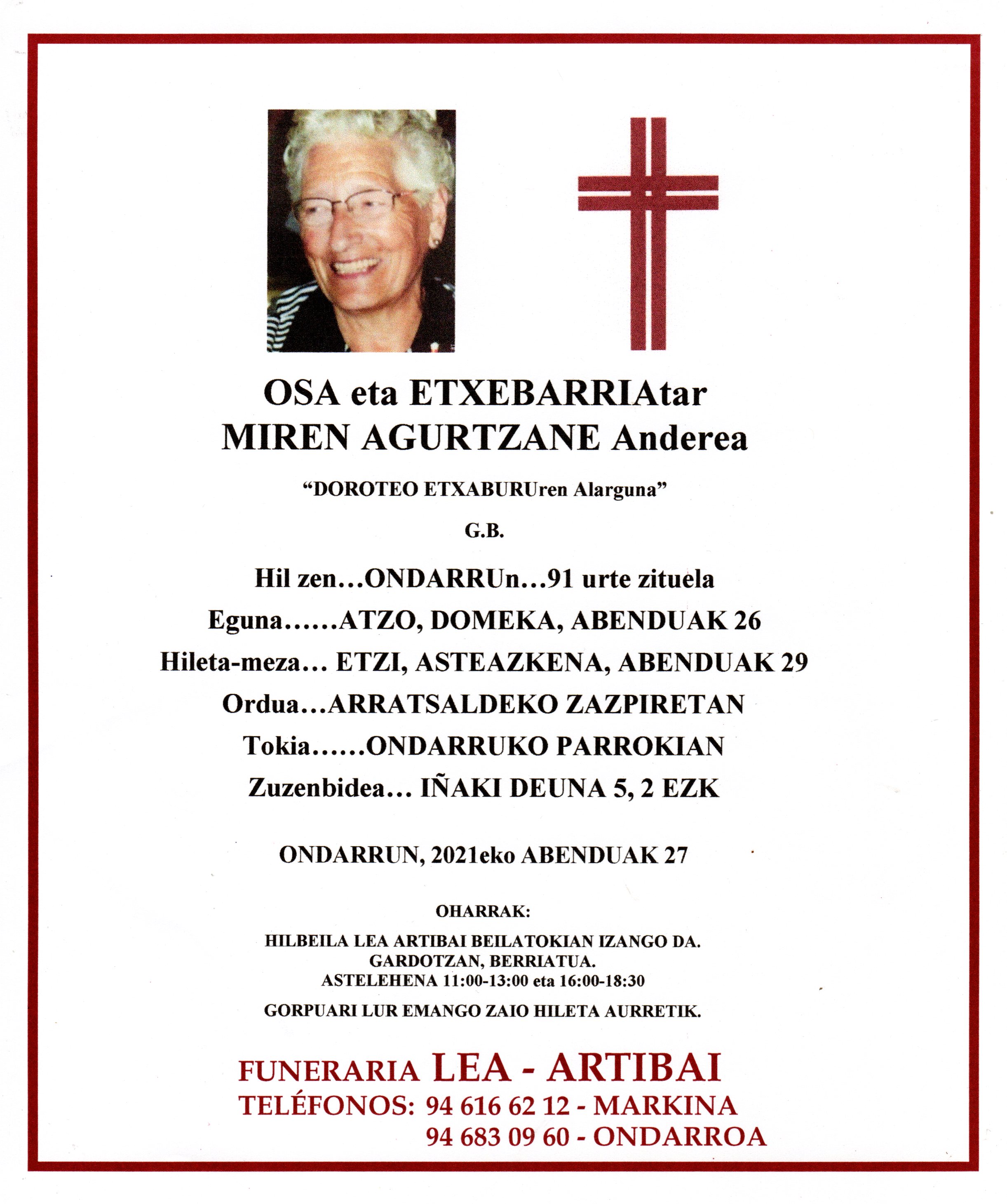 Esquela de Miren Agurtzane Osa Etxebarria