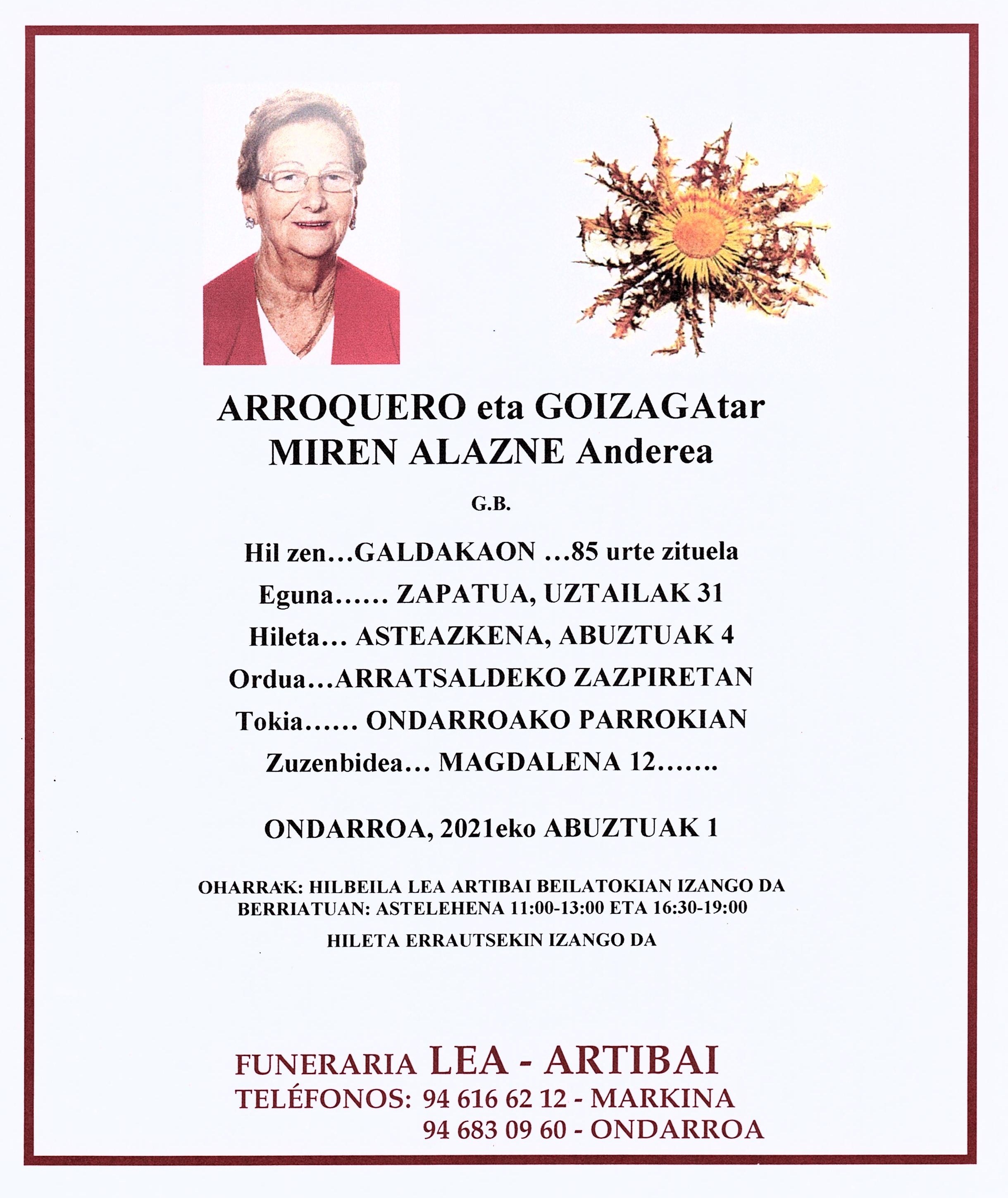Esquela de Miren Alazne Arroquero Goizaga
