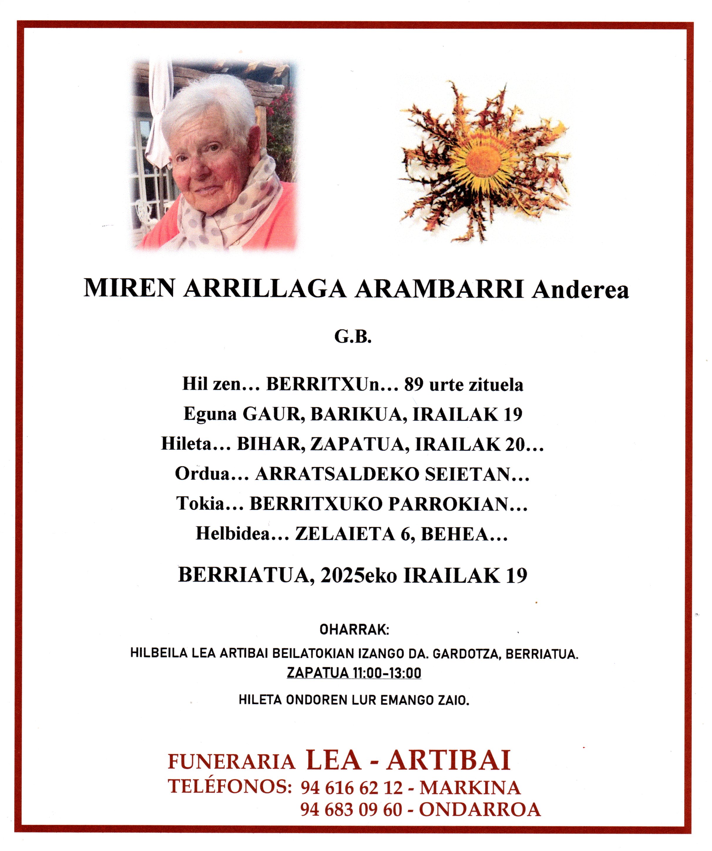 Esquela de Miren Arrillaga Arambarri