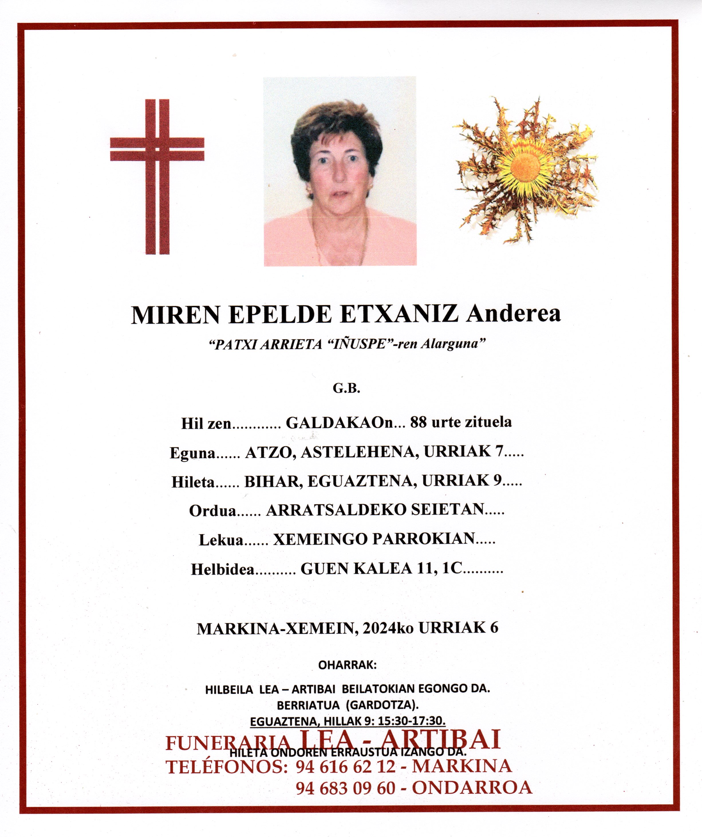 Esquela de Miren Epelde Etxaniz
