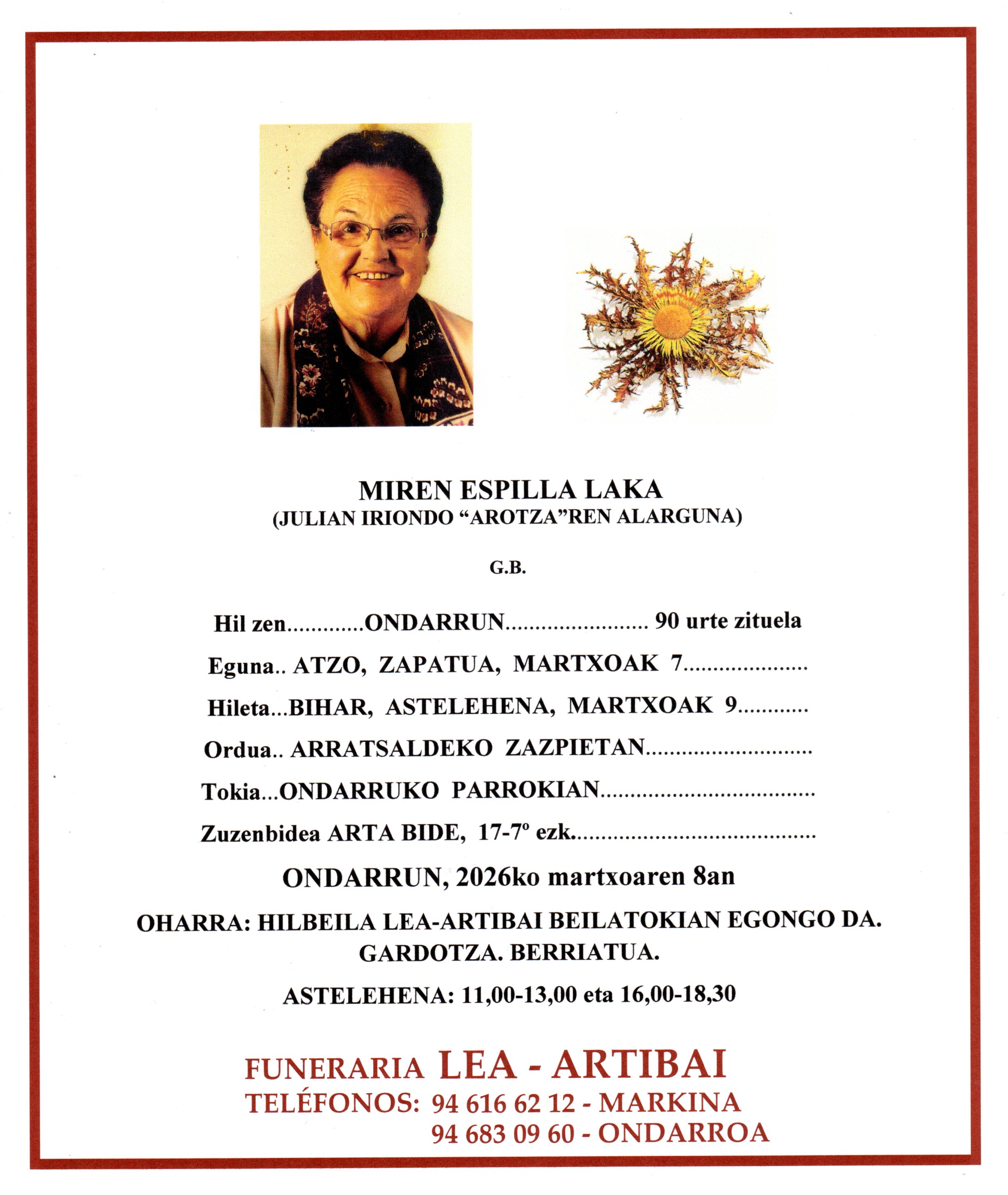 Esquela de Miren Espilla Laka