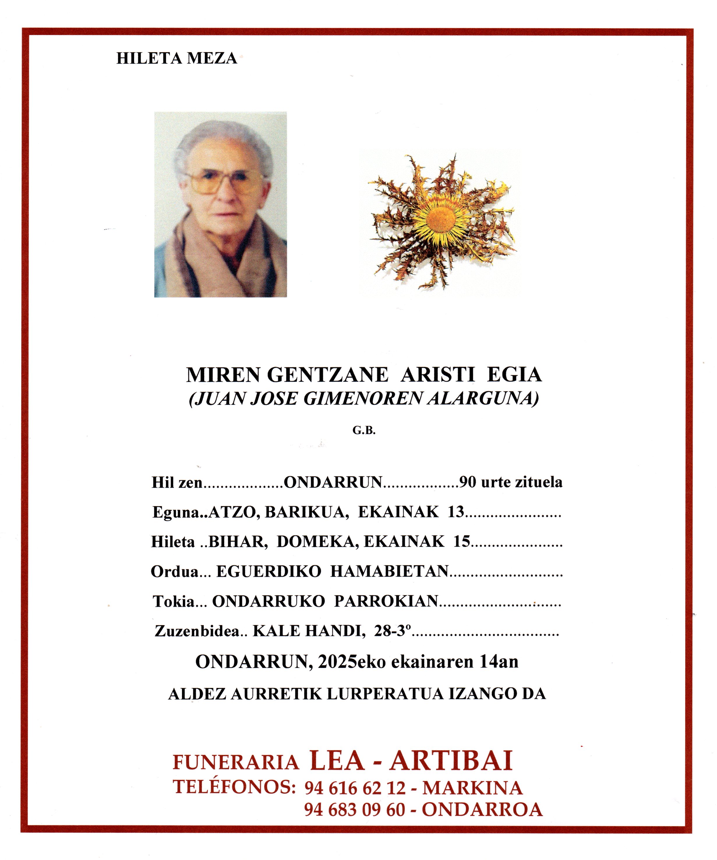 Esquela de Miren Gentzane Aristi Egia