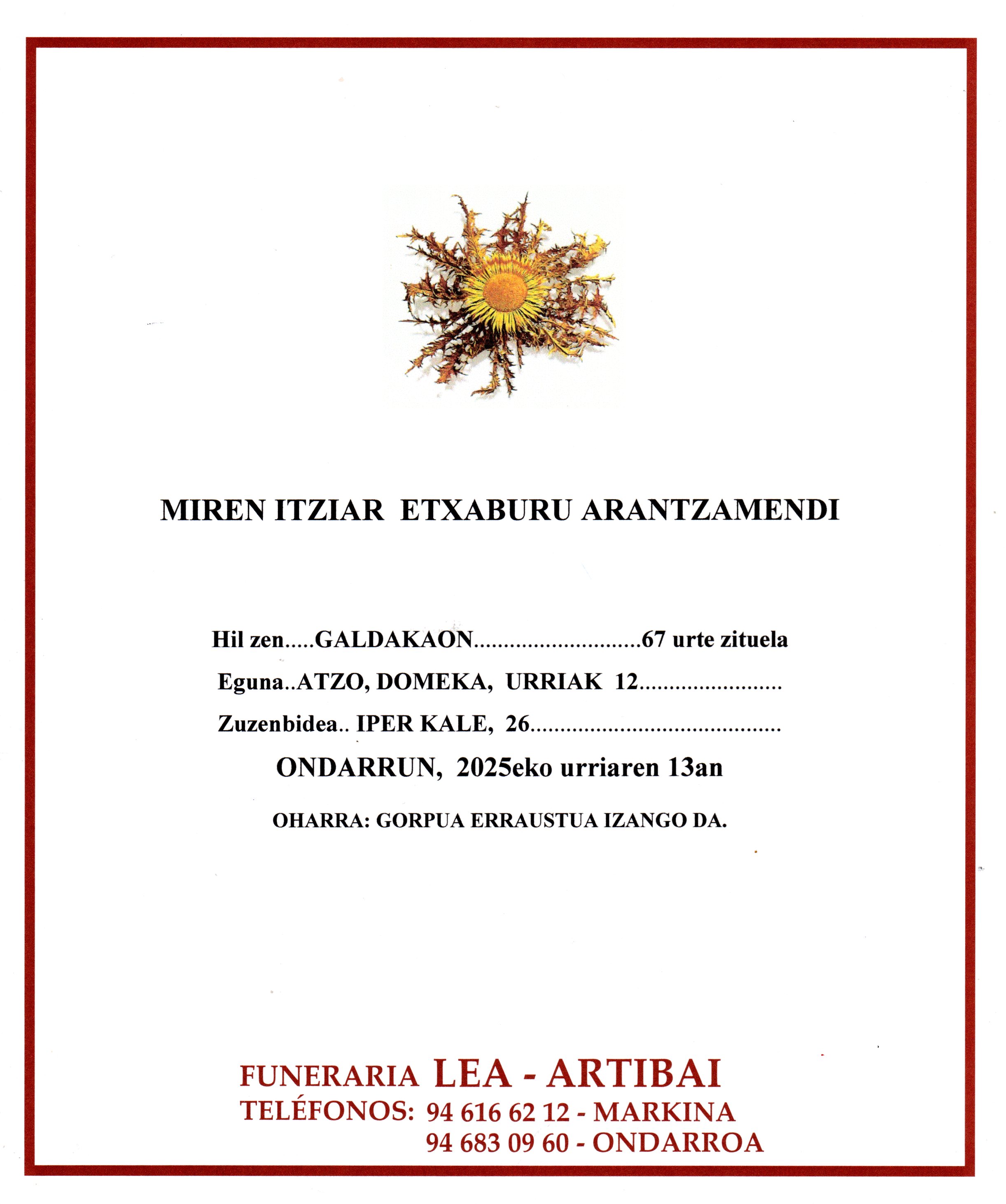 Esquela de Miren Itziar Etxaburu Arantzamendi