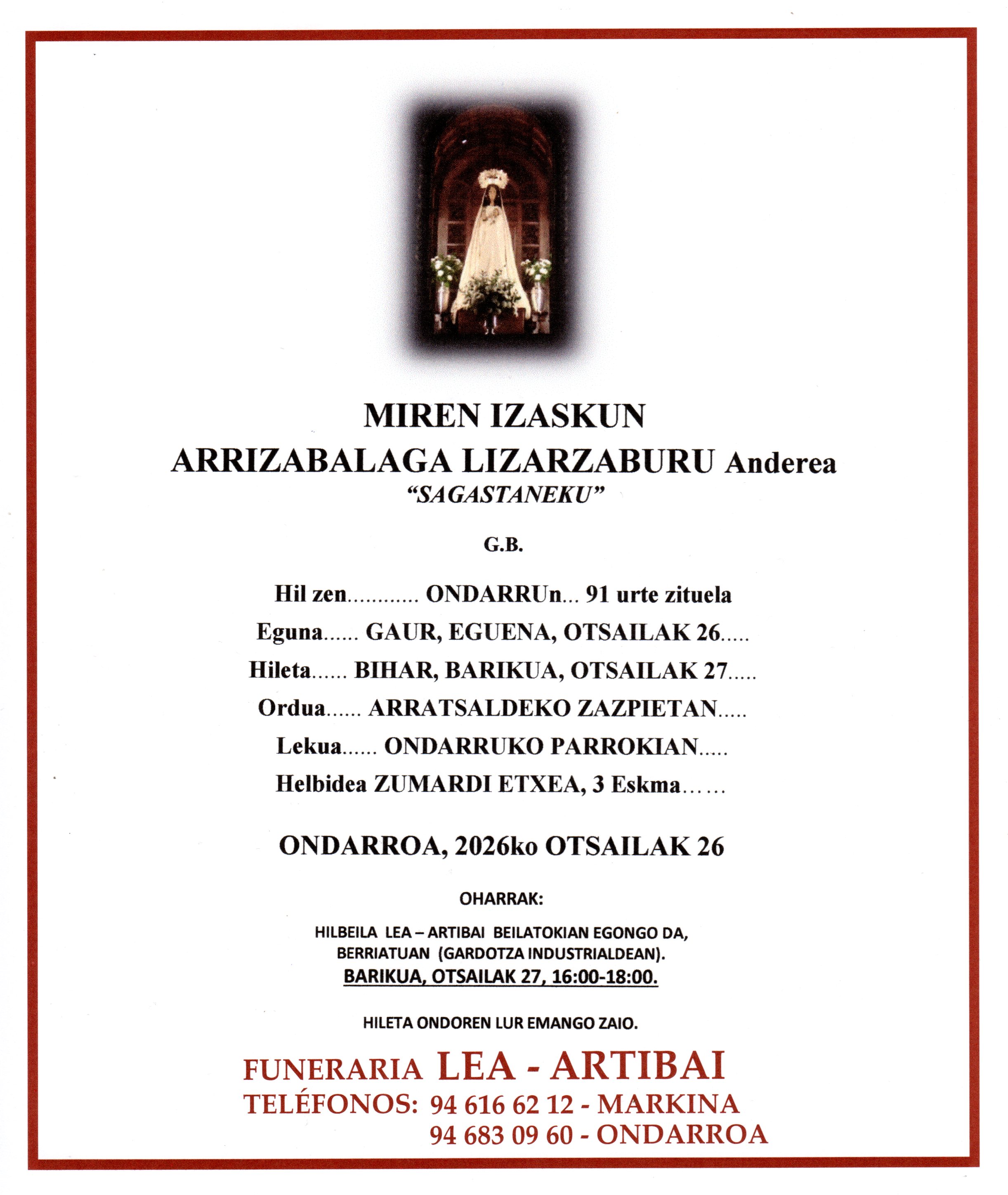 Esquela de Miren Izaskun Arrizabalaga Lizarzaburu