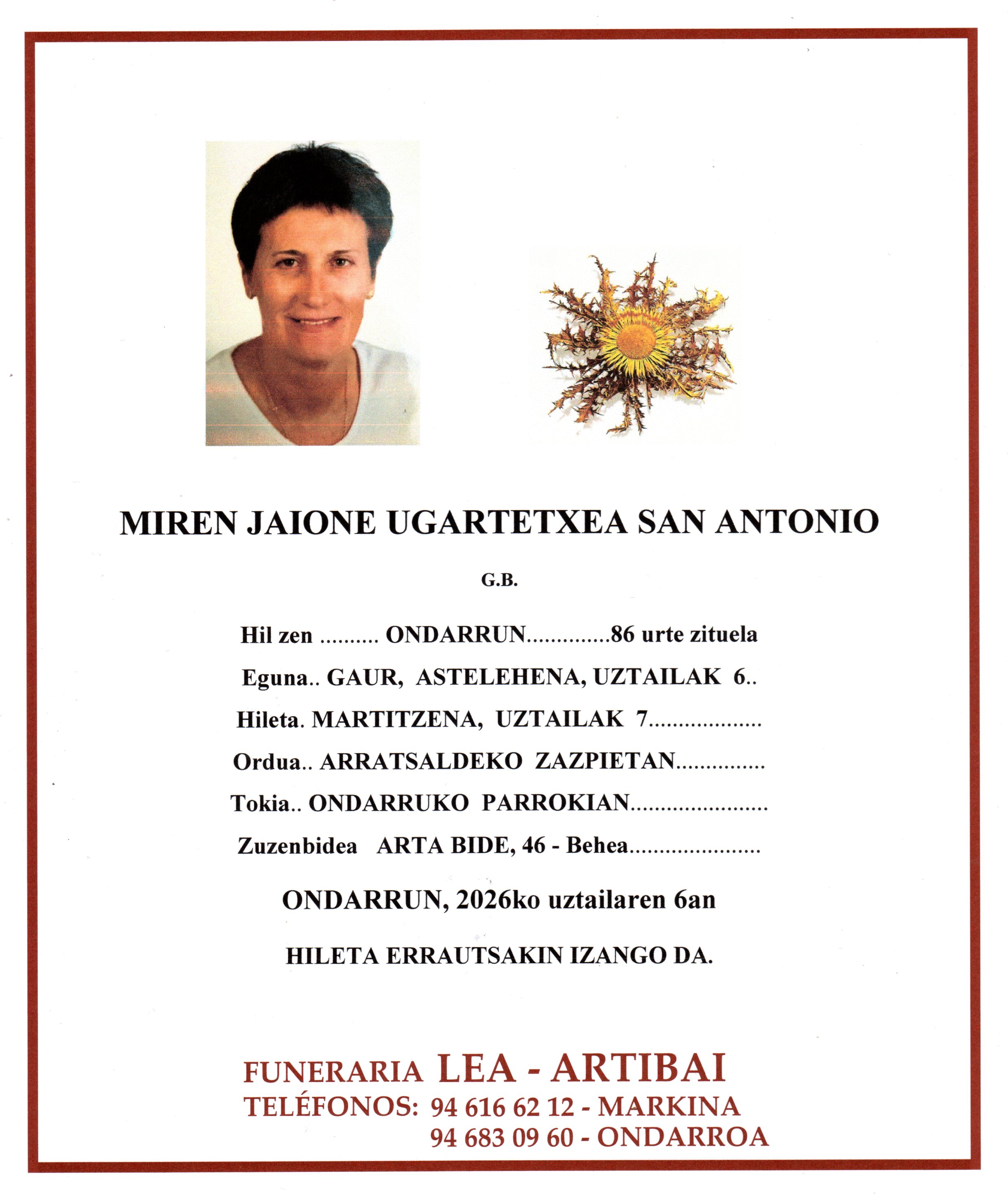 Esquela de Miren Jaione Ugartetxea San Antonio