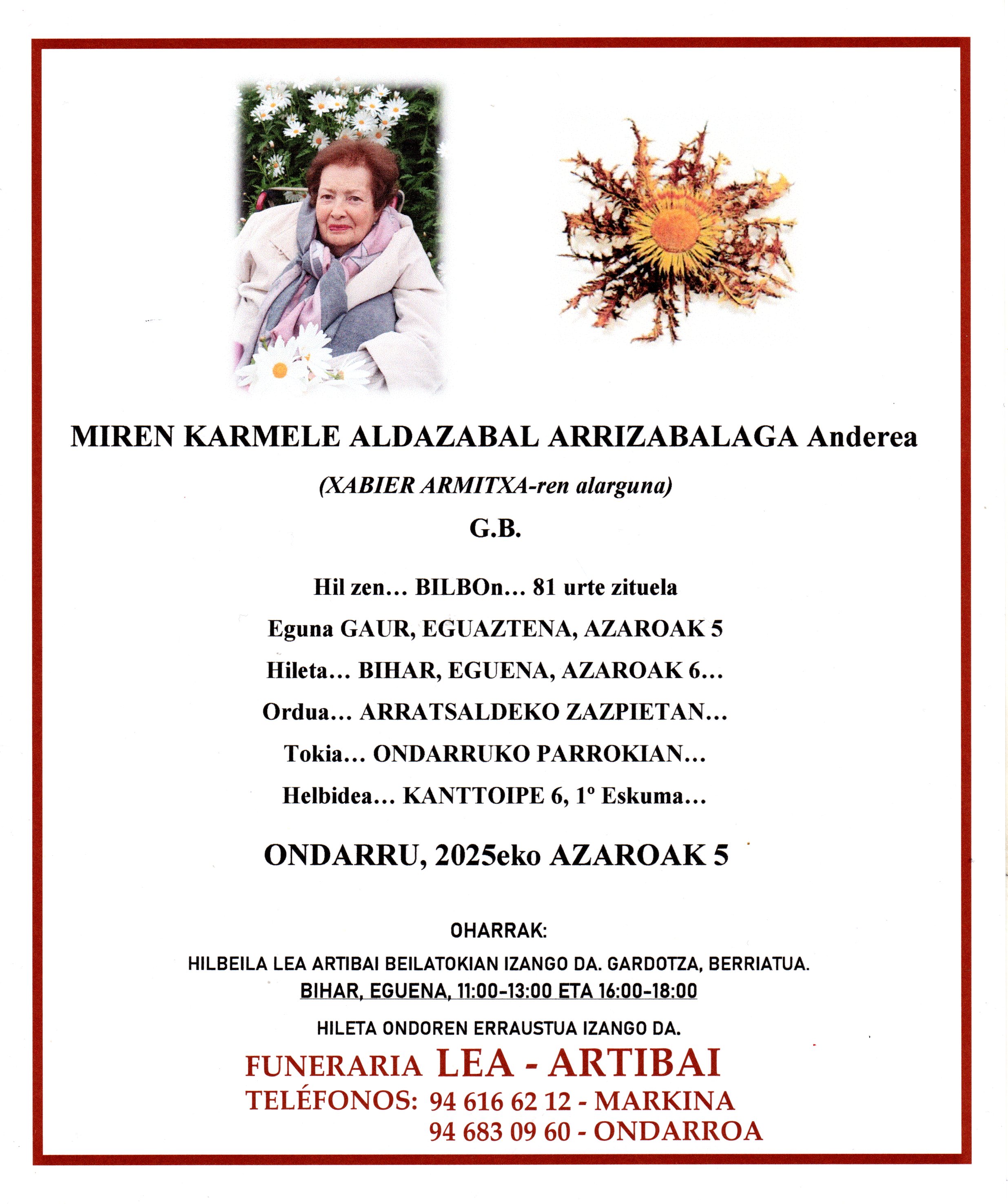 Esquela de Miren Karmele Aldazabal Arrizabalaga