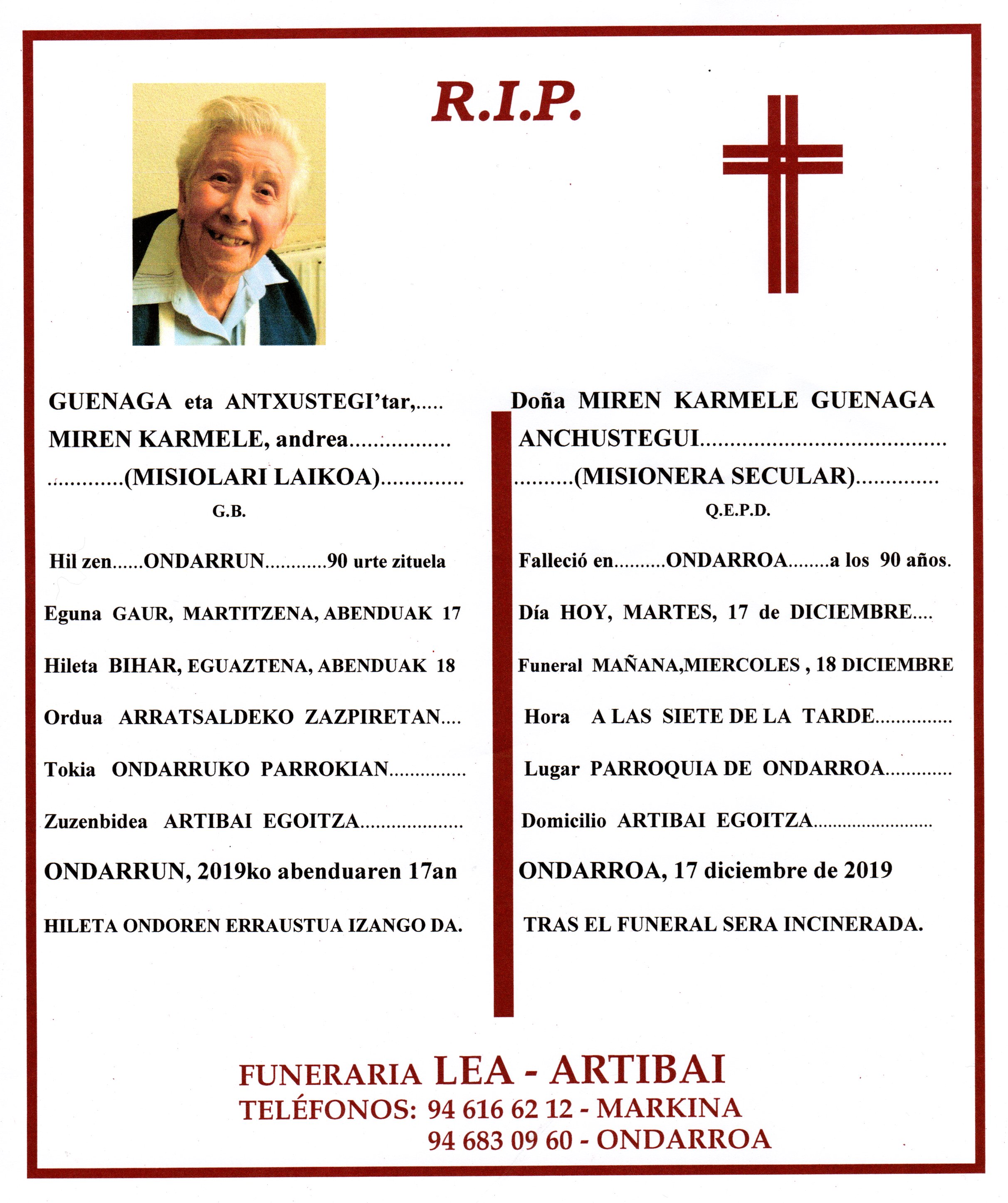 Esquela de Miren Karmele Guenaga Antxustegi