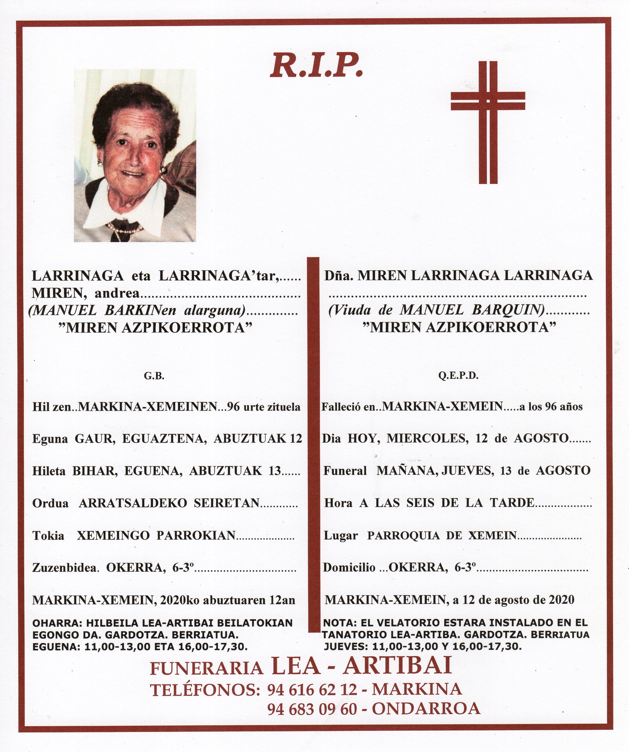 Esquela de Miren Larrinaga Larrinaga
