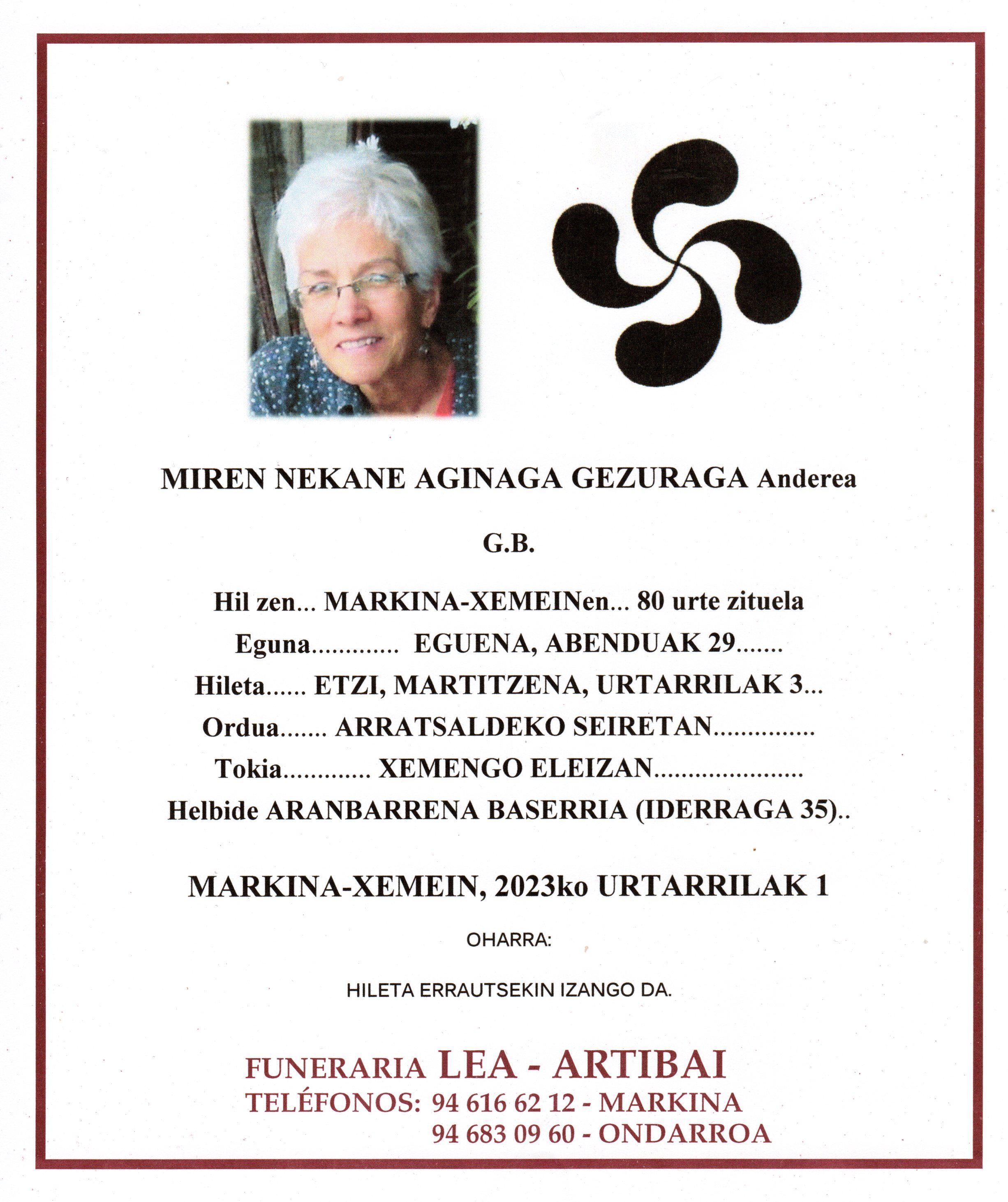 Esquela de Miren Nekane Aginaga Gezuraga
