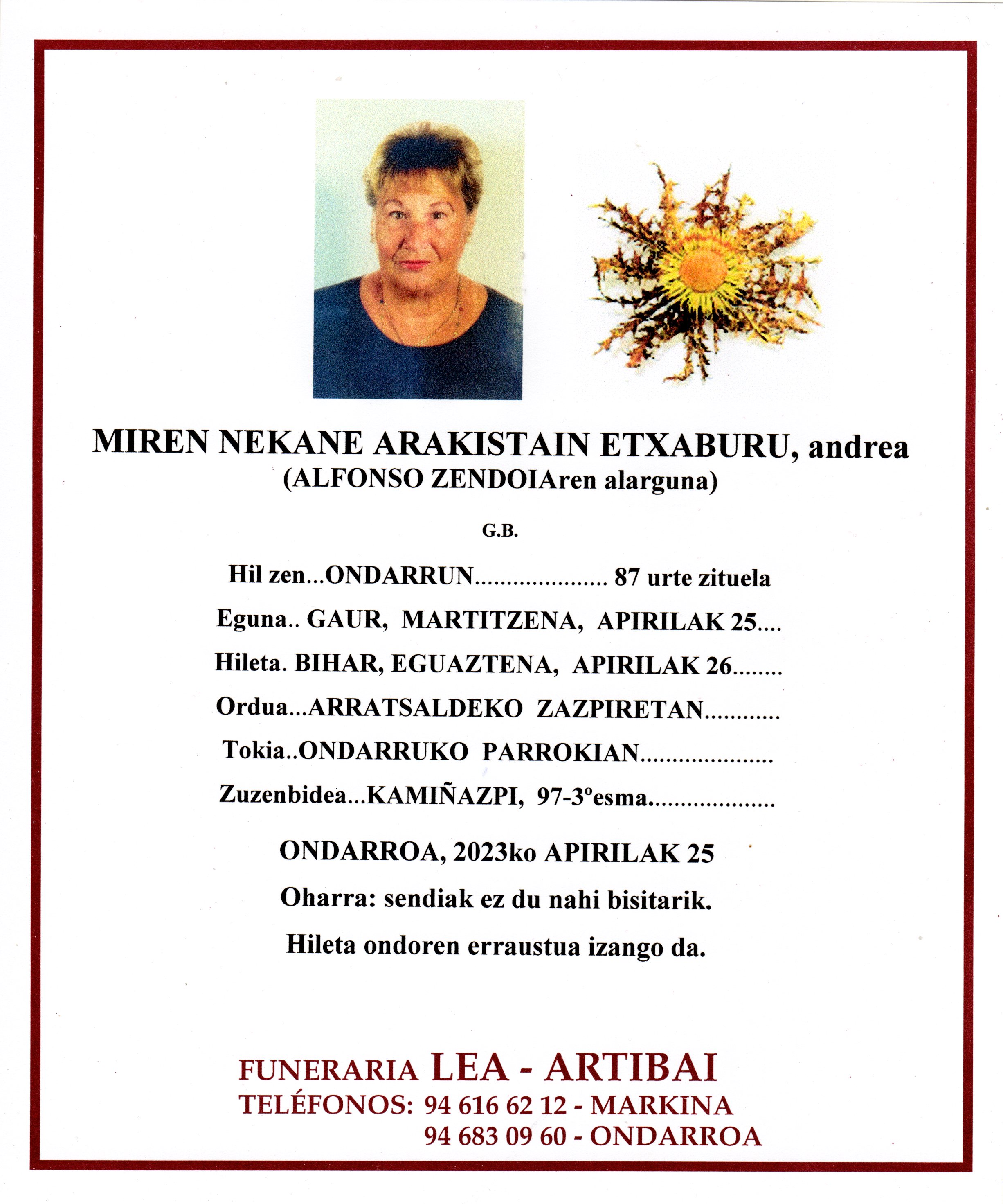 Esquela de Miren Nekane Arakistain Etxaburu