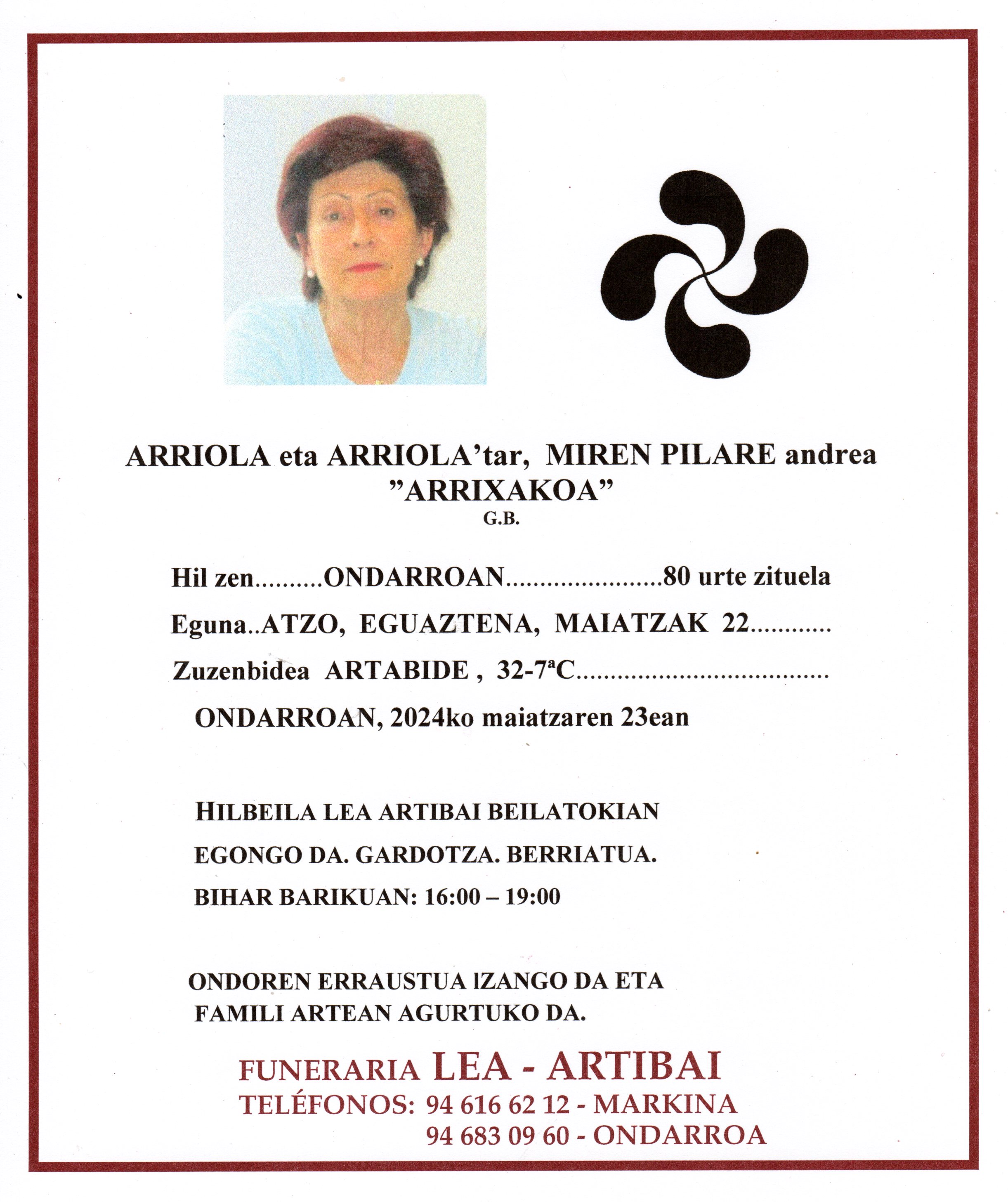 Esquela de Miren Pilare Arriola Arriola
