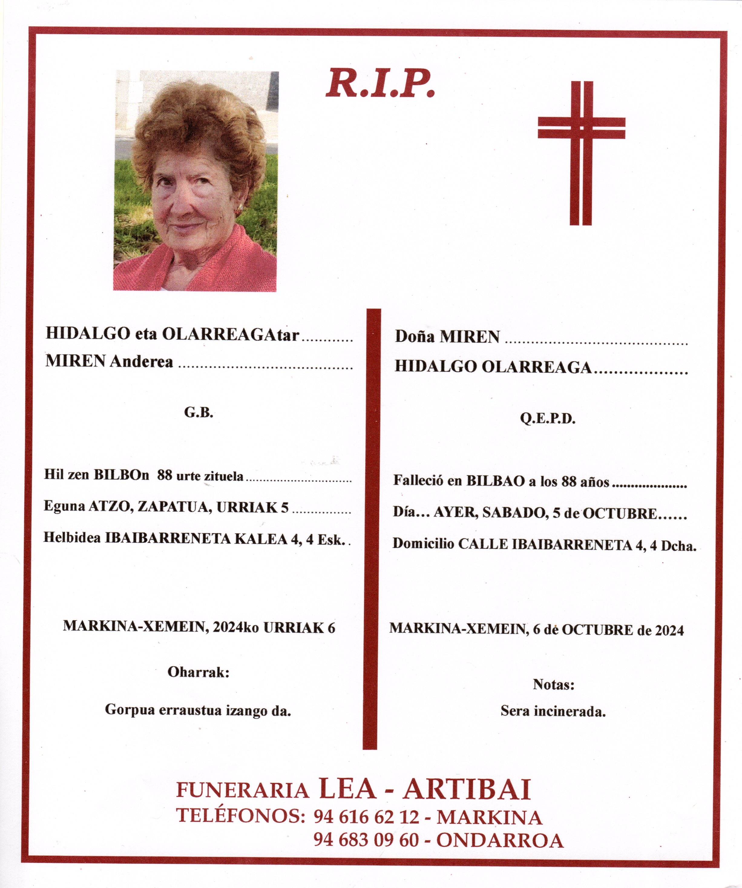 Esquela de Miren Tere Hidalgo Olarreaga