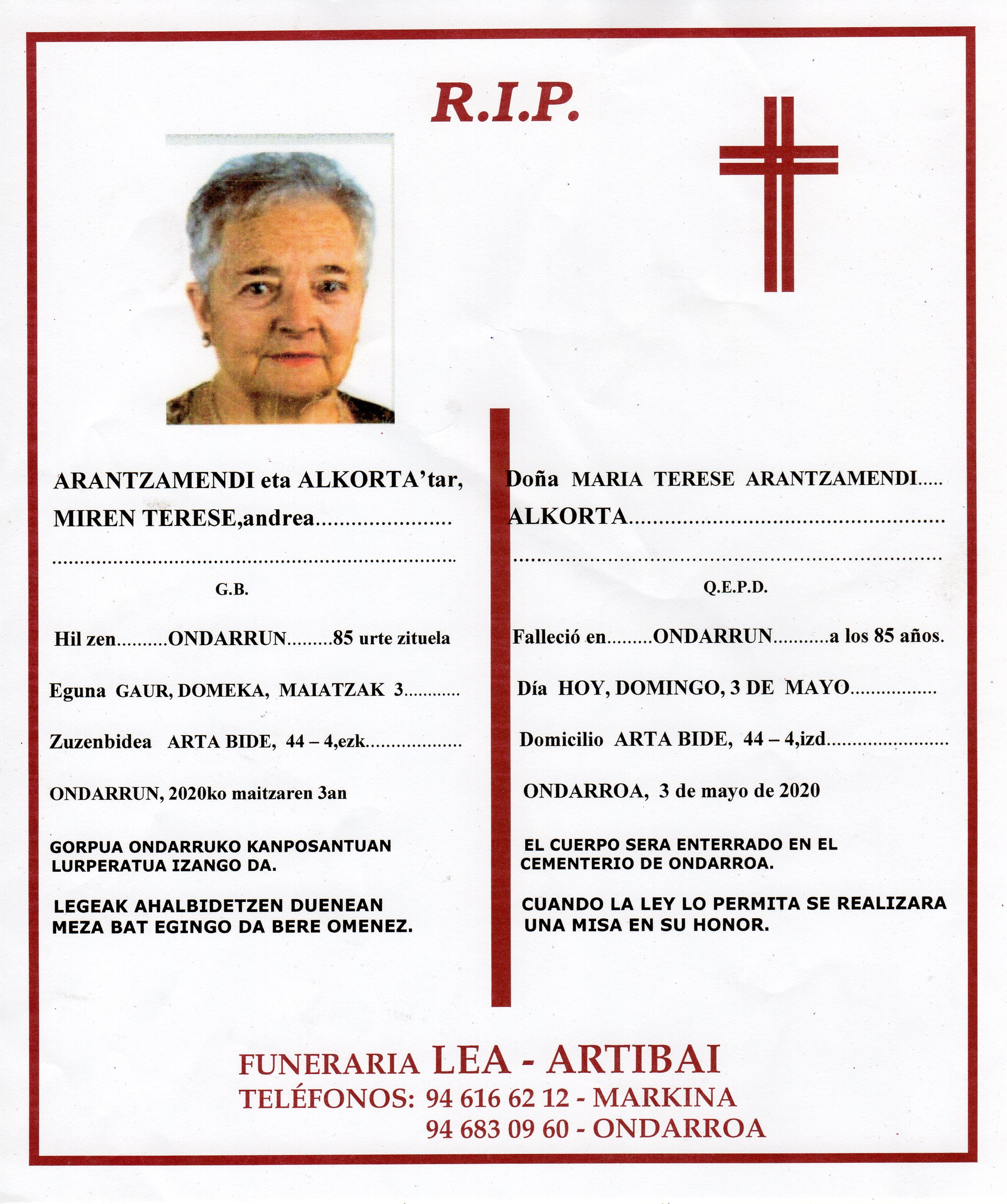 Esquela de Miren Terese Arantzamendi Alkorta
