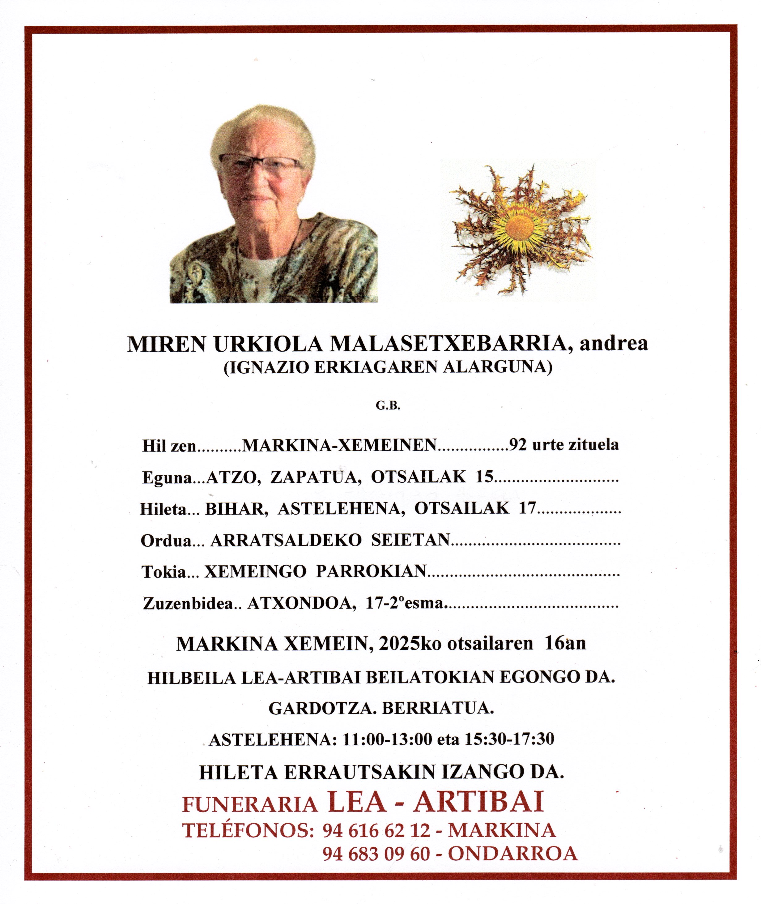 Esquela de Miren Urkiola Malasetxebarria