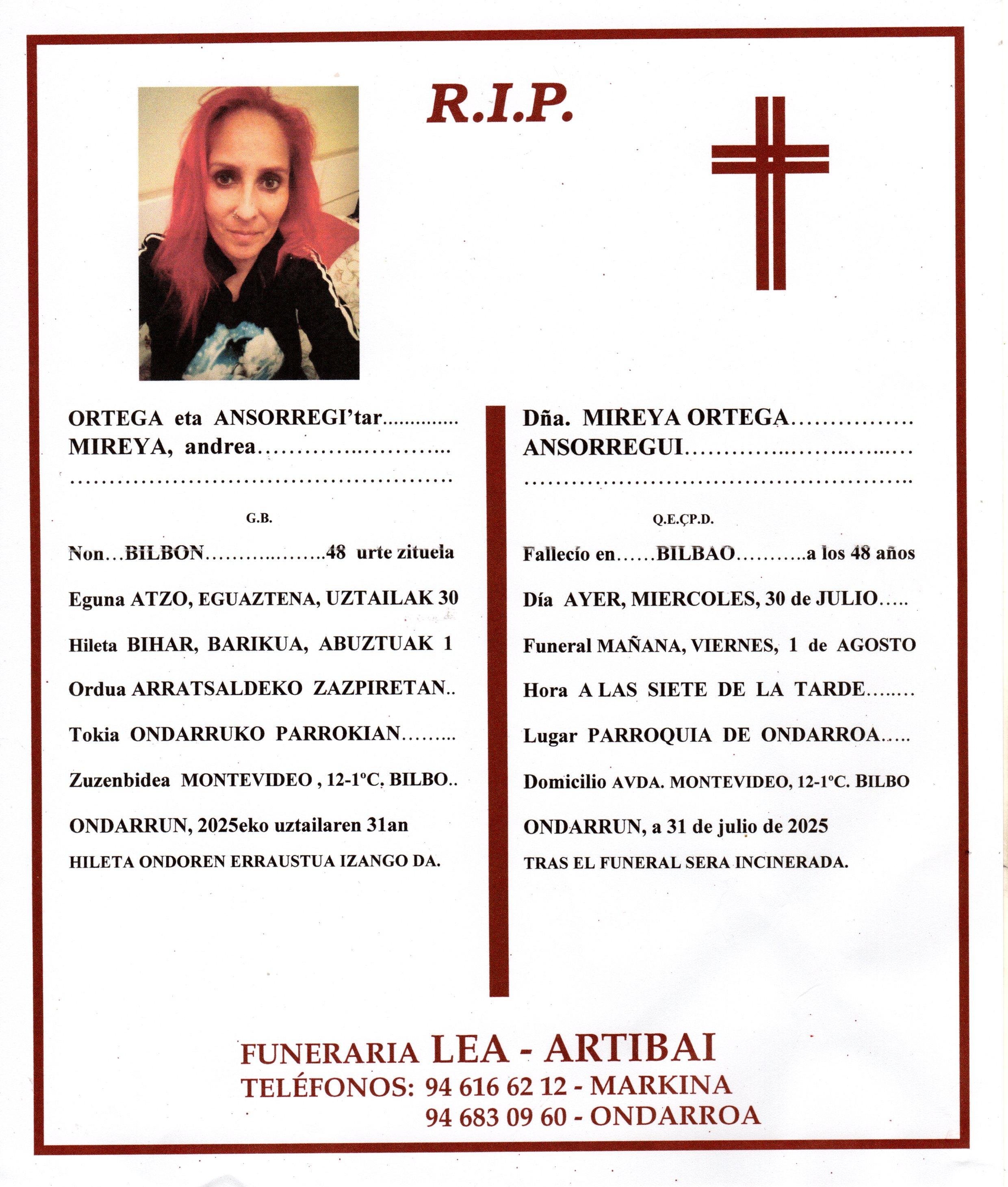 Esquela de Mireya Ortega Ansorregi