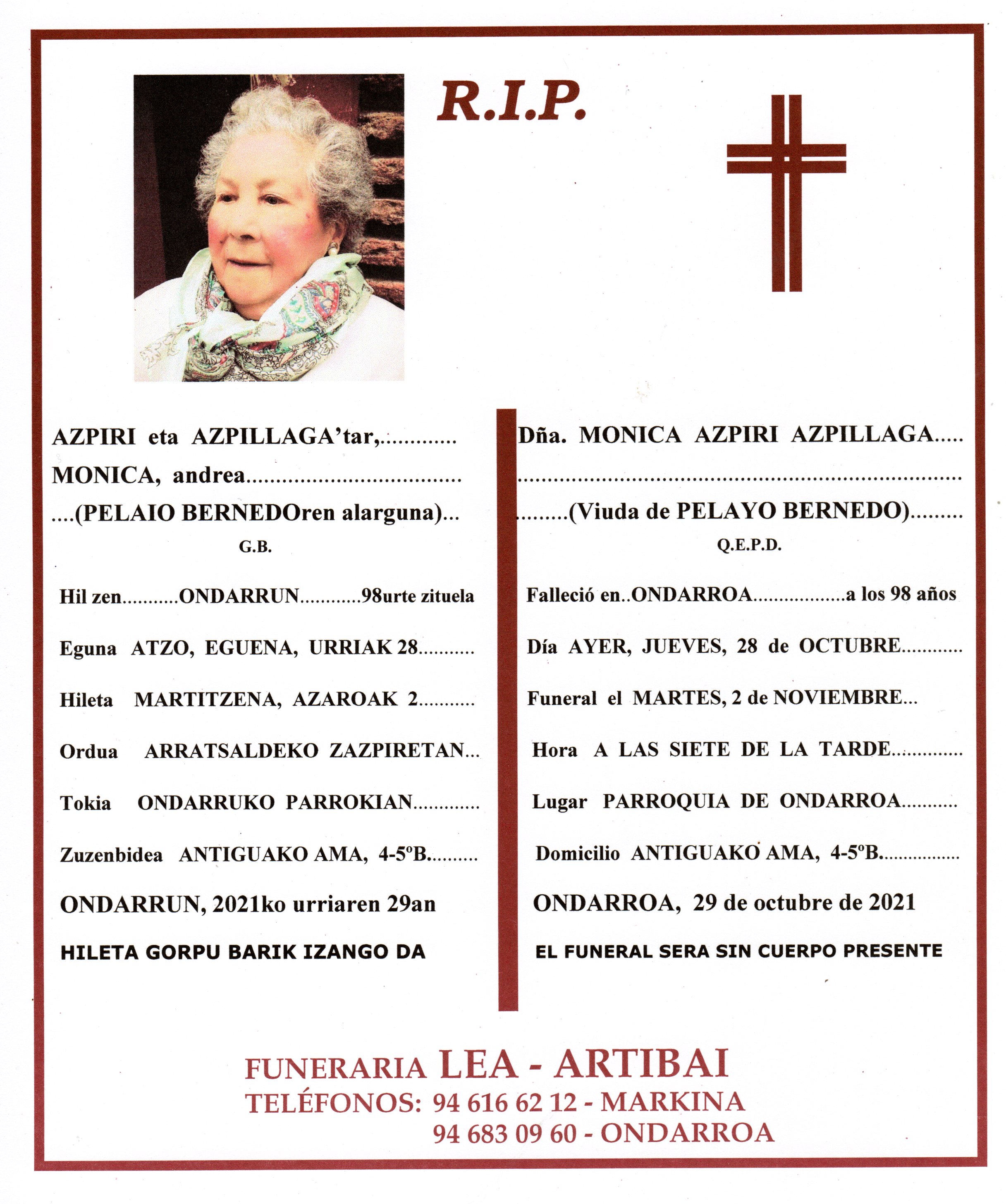 Esquela de Monica Azpiri Azpillaga