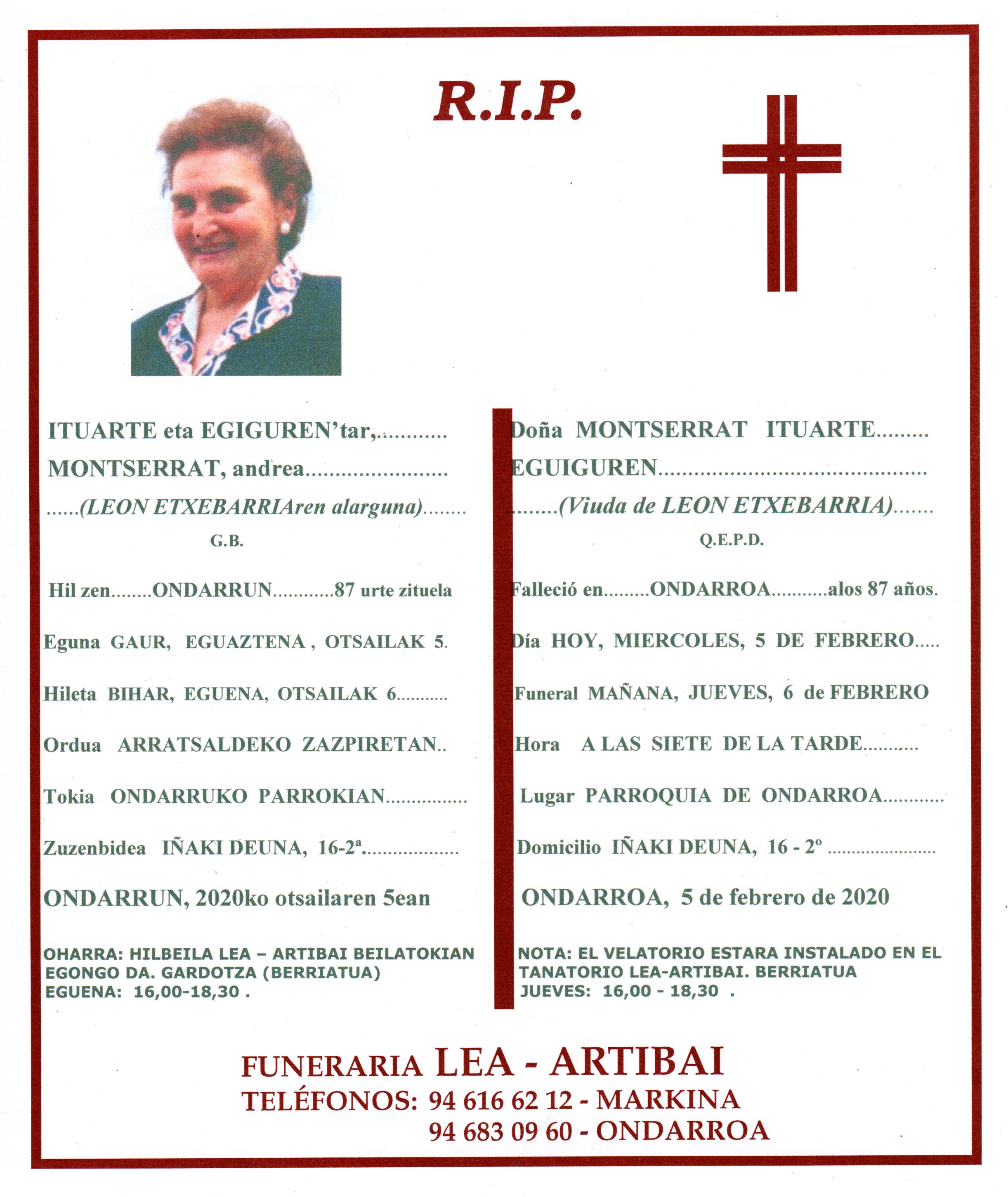 Esquela de Montserrat Ituarte Egiguren