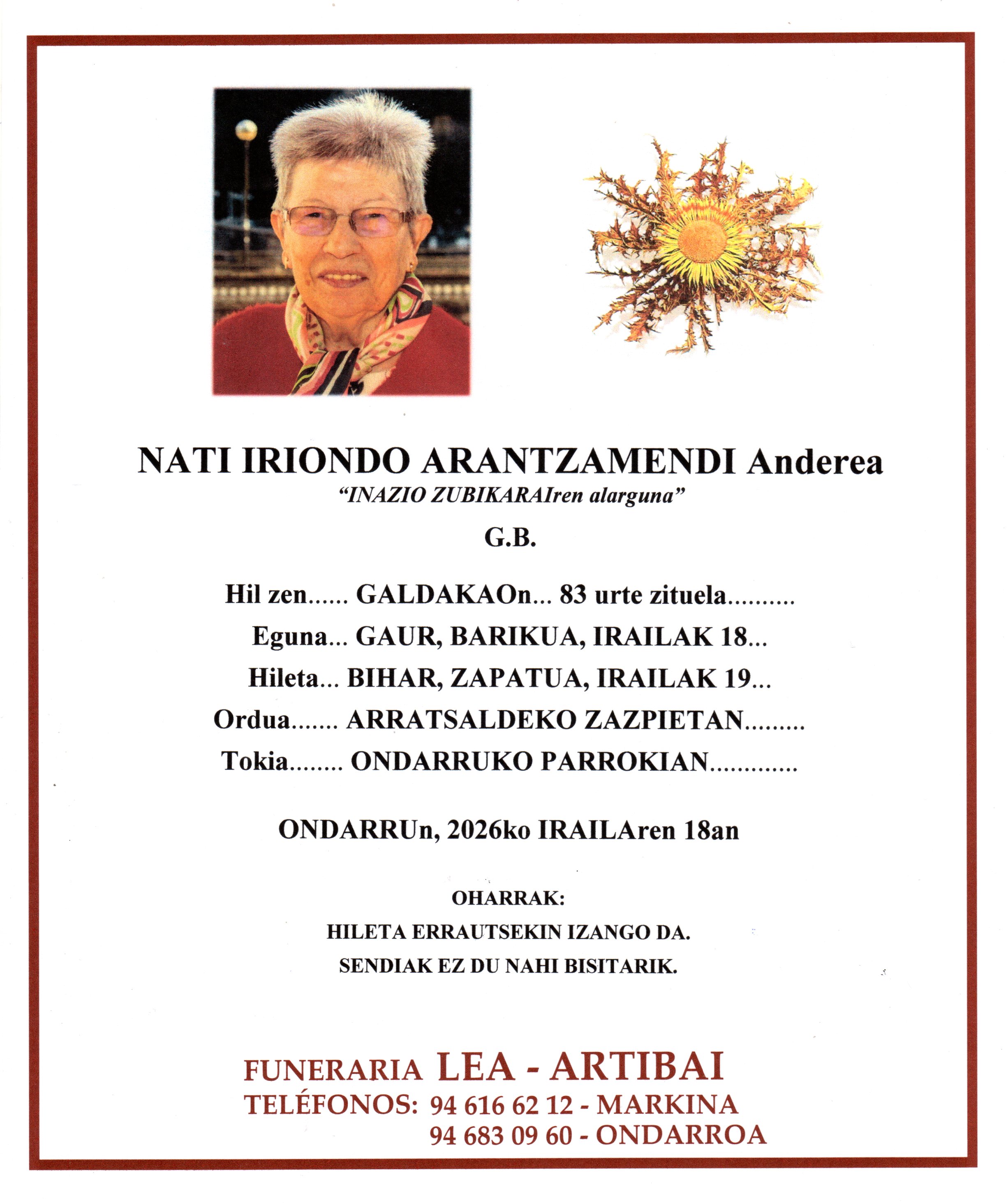 Esquela de Nati Iriondo Arantzamendi