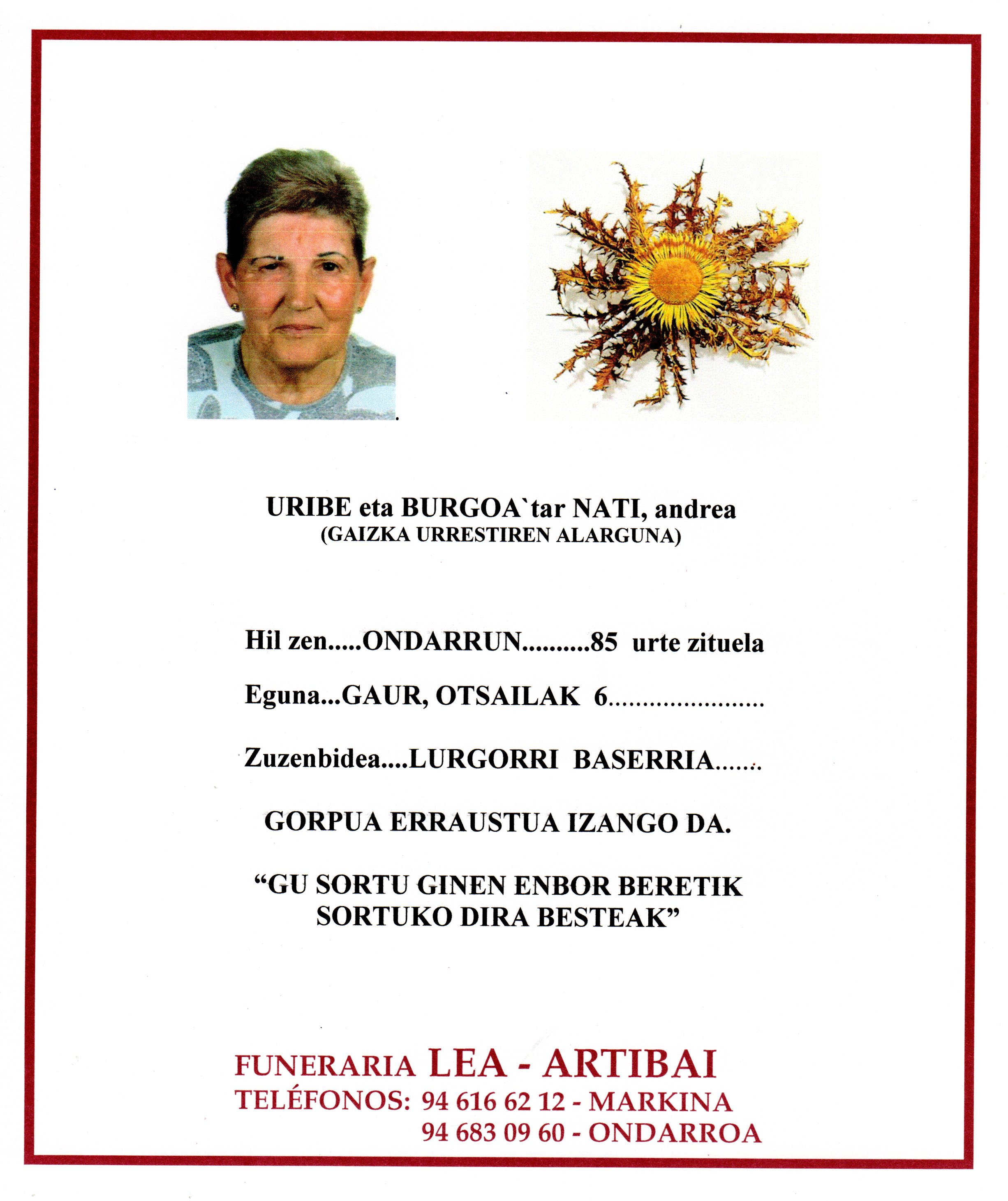 Esquela de Nati Uribe Burgoa