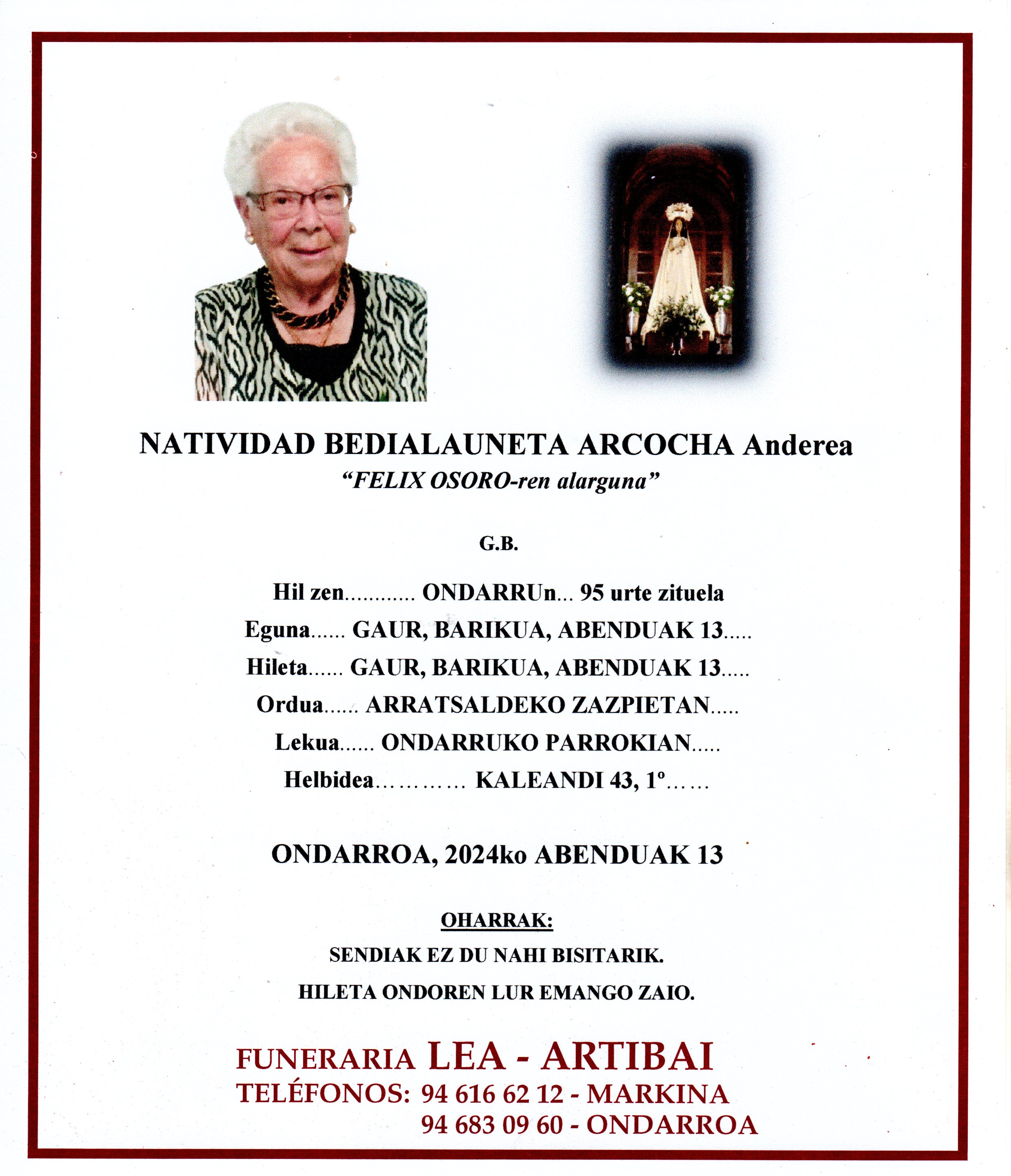 Esquela de Natividad Bedialauneta Arcocha