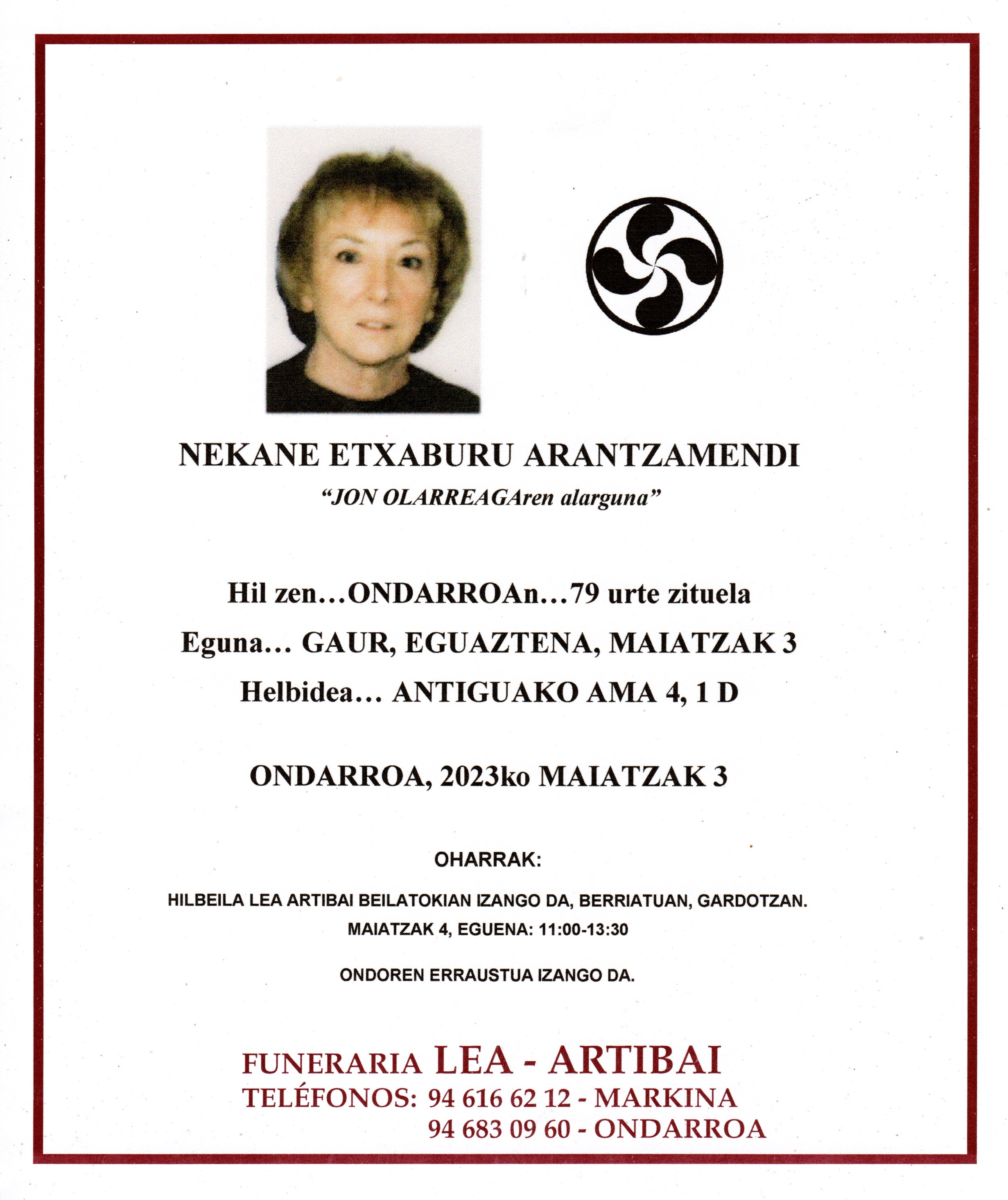 Esquela de Nekane Etxaburu Arantzamendi