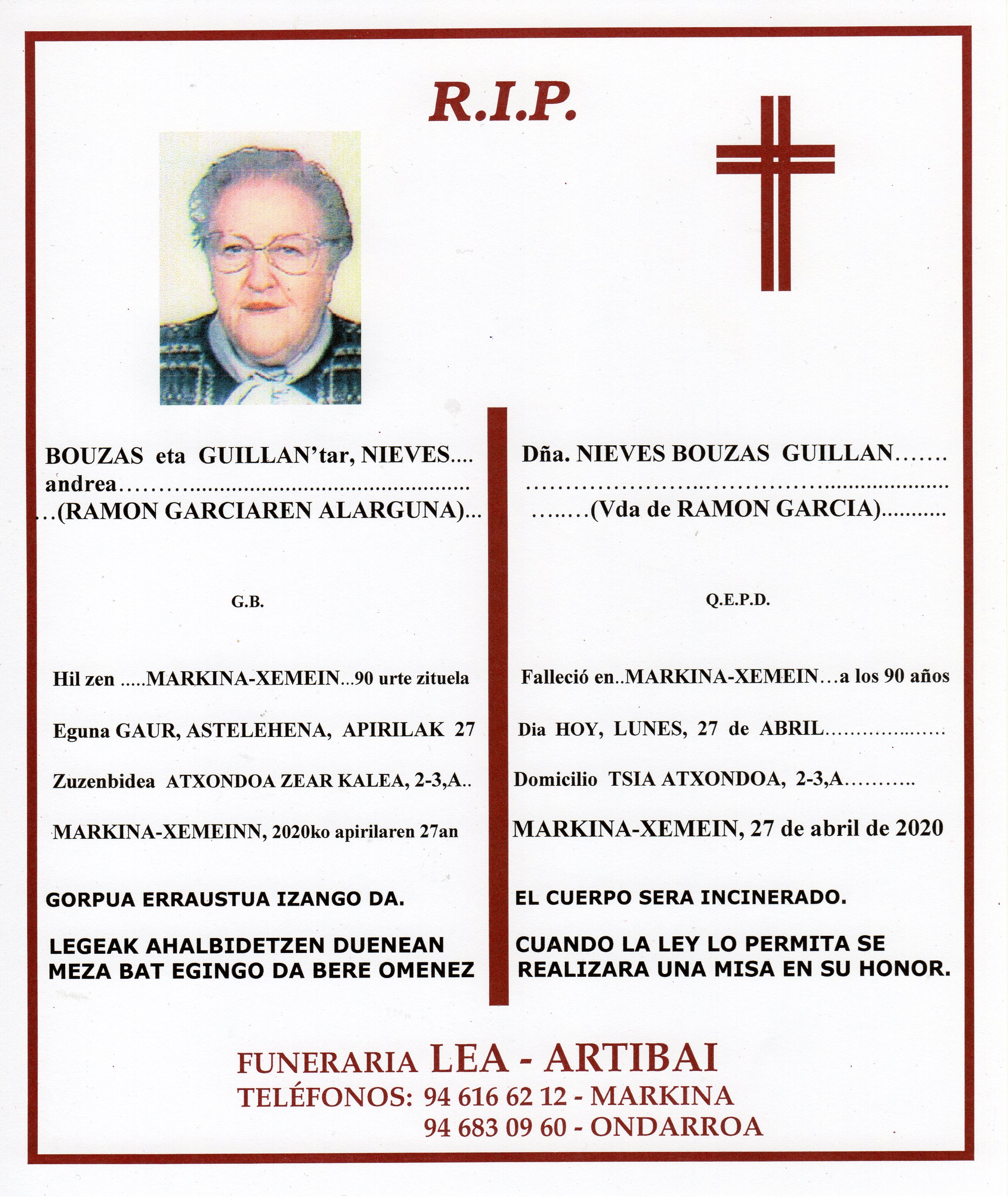 Esquela de Nieves Bouzas Guillan