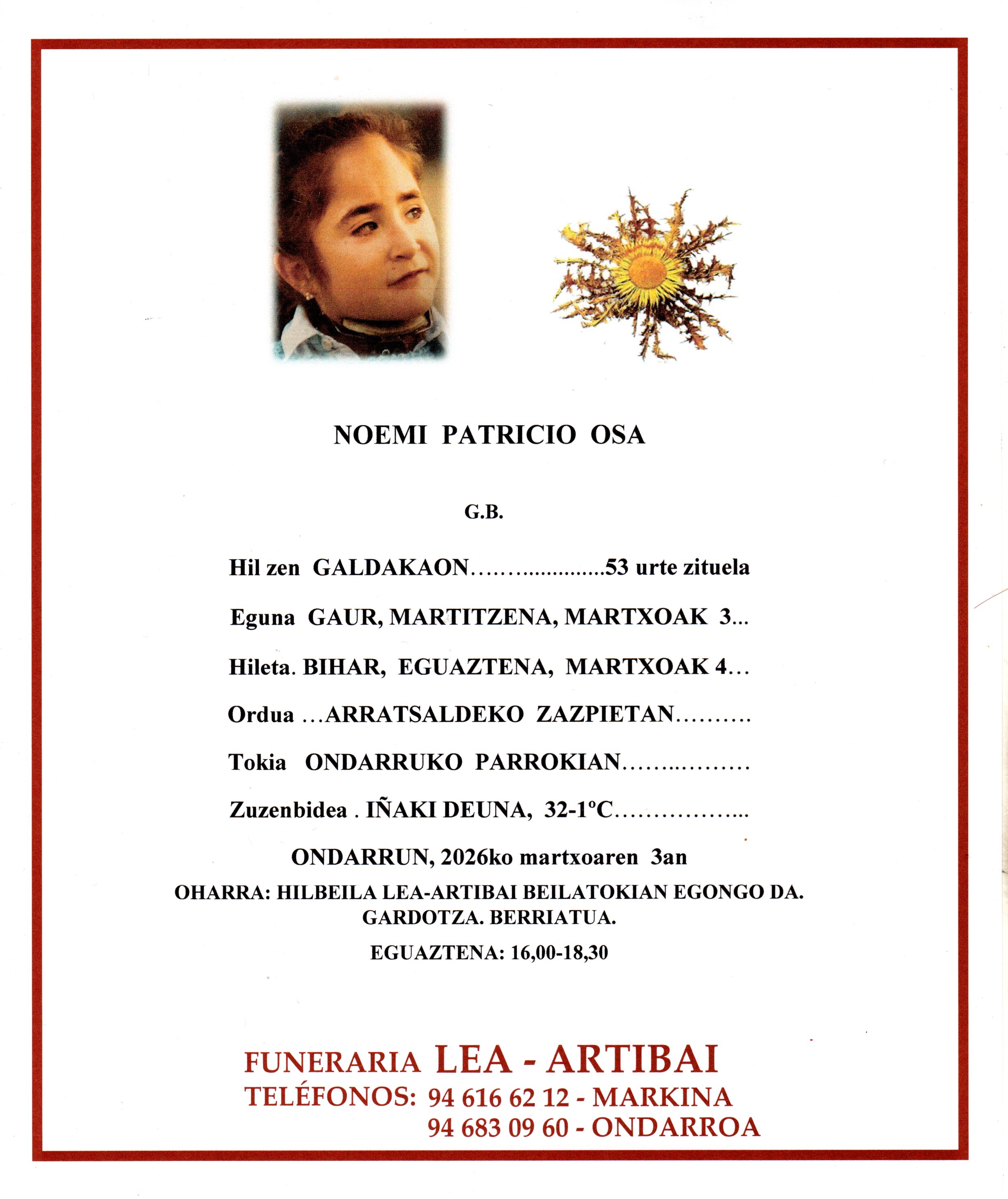 Esquela de Noemi Patricio Osa
