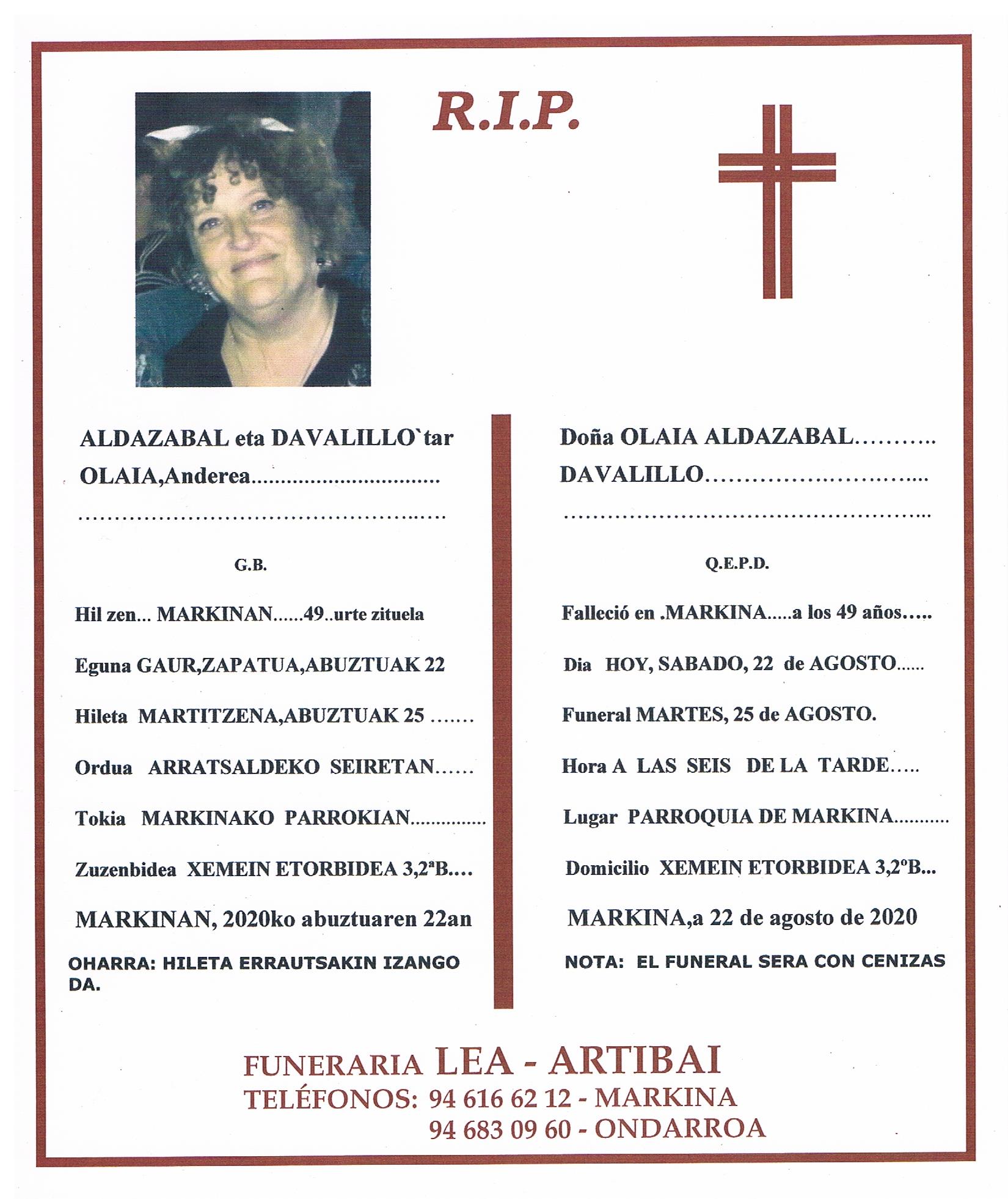 Esquela de Olaia Aldazabal Davalillo