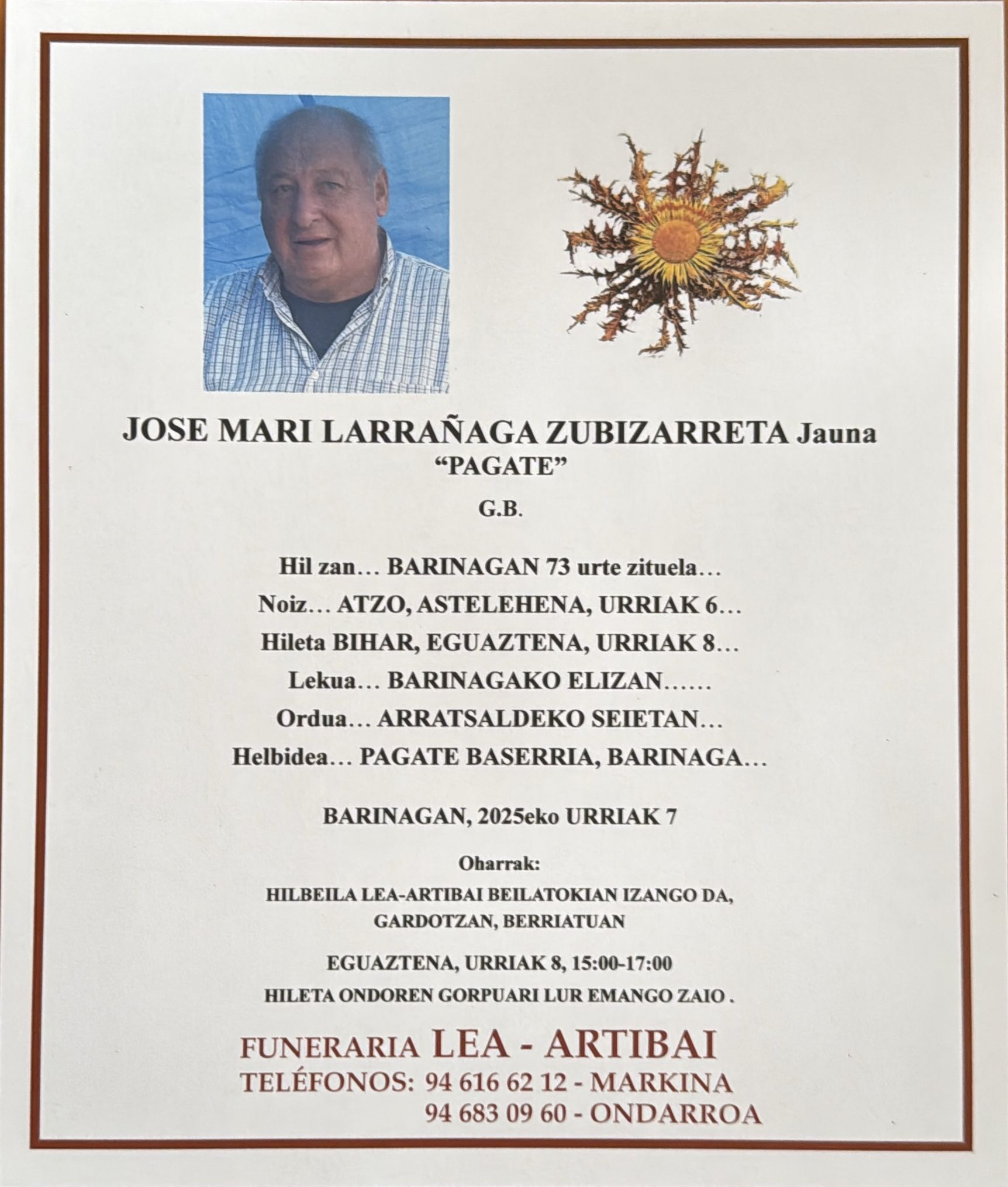 Esquela de Jose Maria Larrañaga Zubizarreta