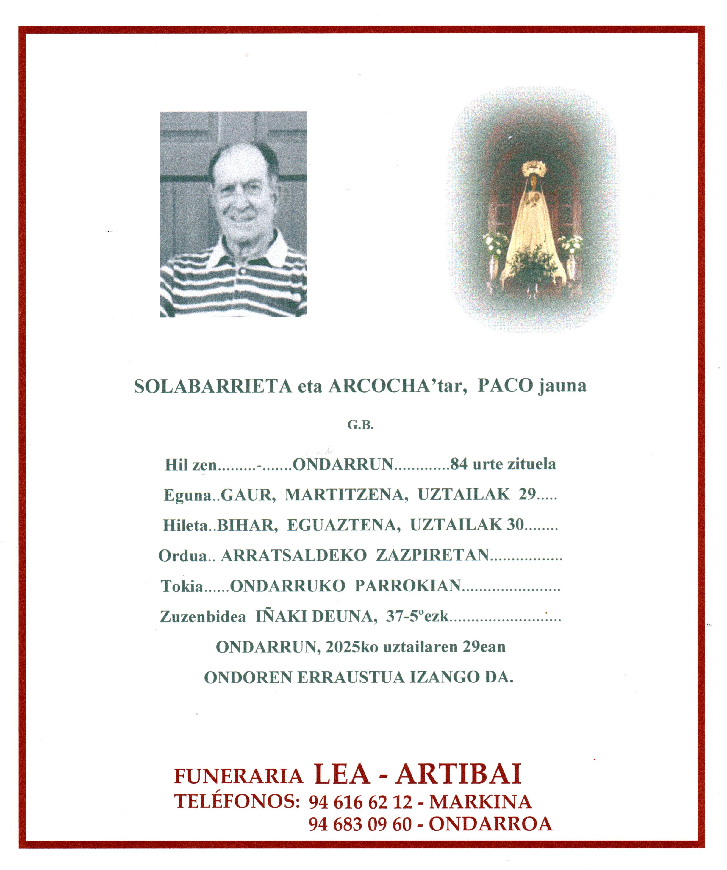 Esquela de Paco Solabarrieta Arcocha