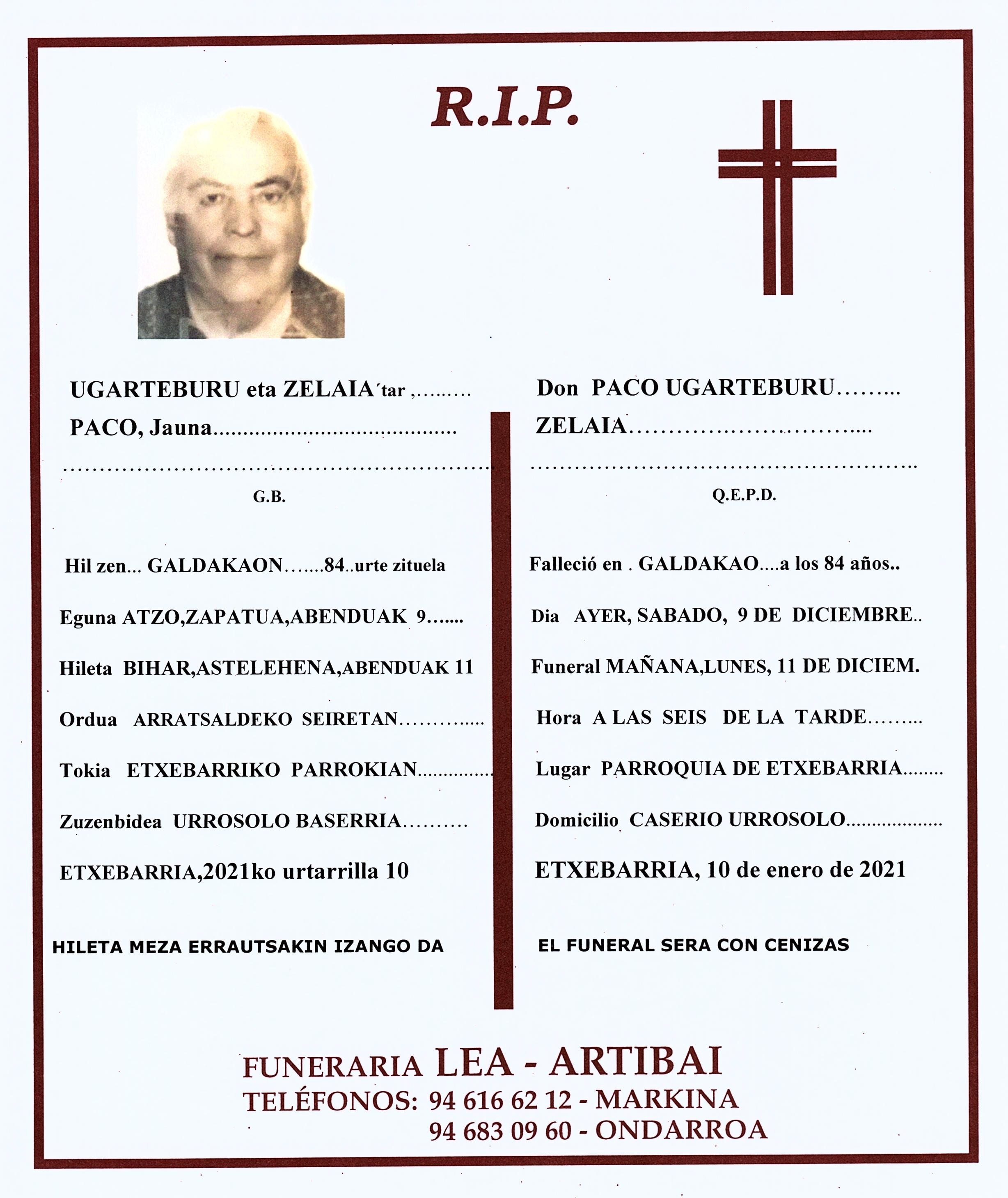 Esquela de Paco Ugarteburu Zelaia