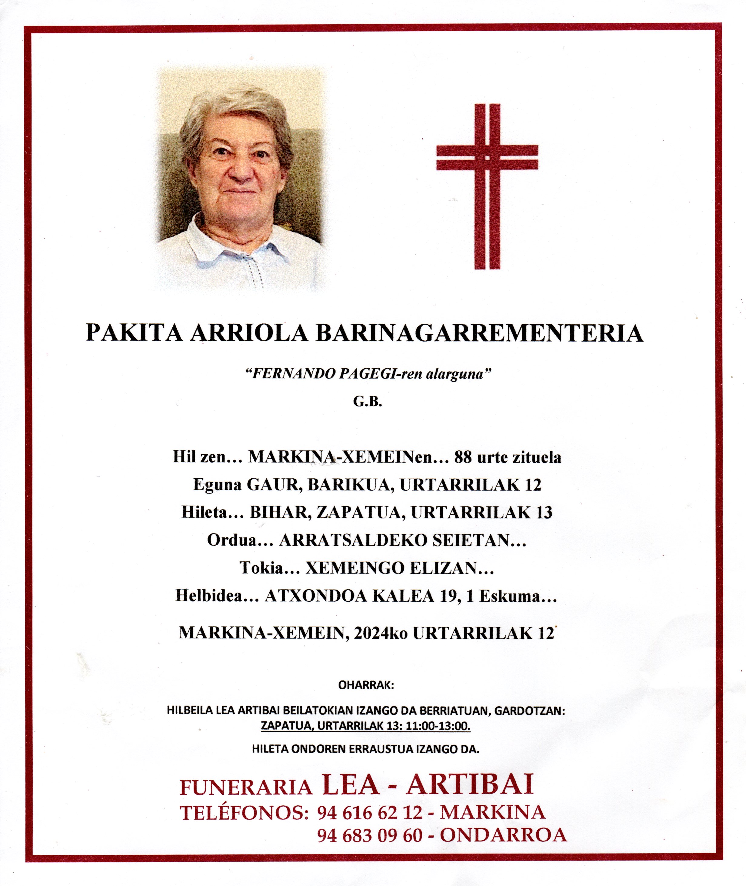 Esquela de Pakita Arriola Barinagarrementeria