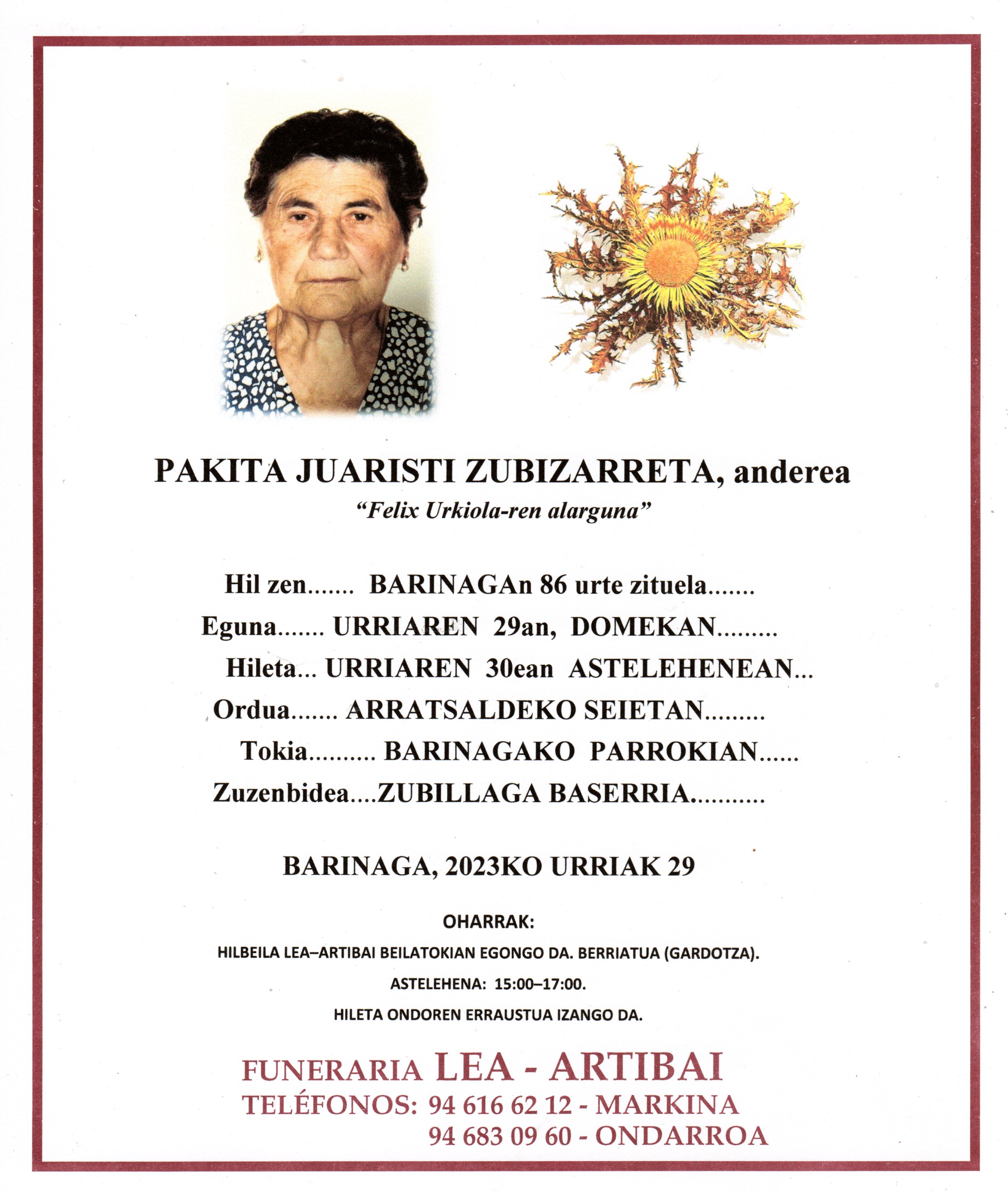 Esquela de Pakita Juaristi Zubizarreta