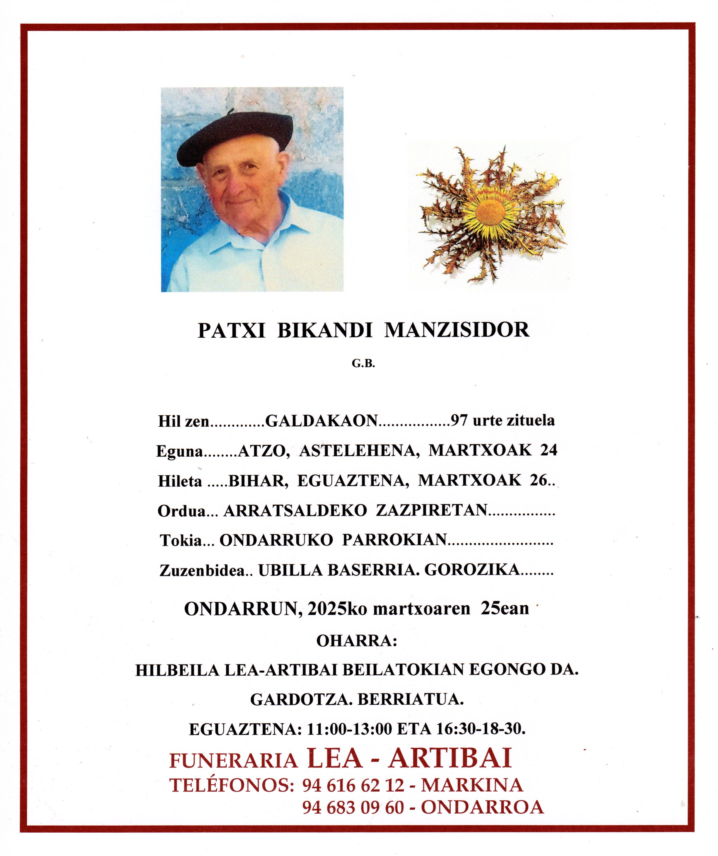 Esquela de Patxi Bikandi Manzisidor