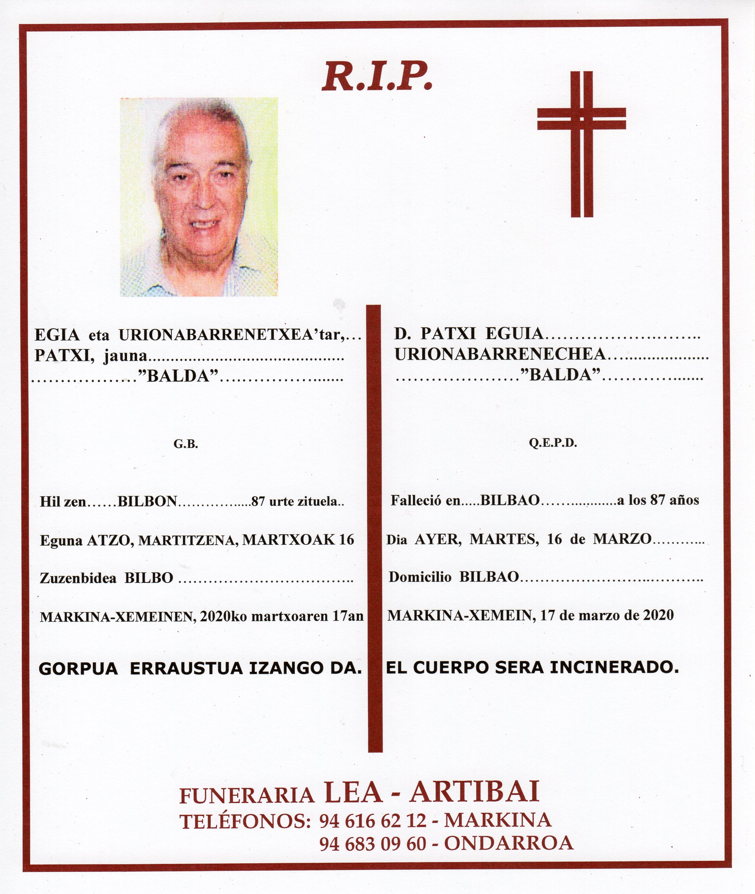 Esquela de Patxi Egia Urionabarrenetxea