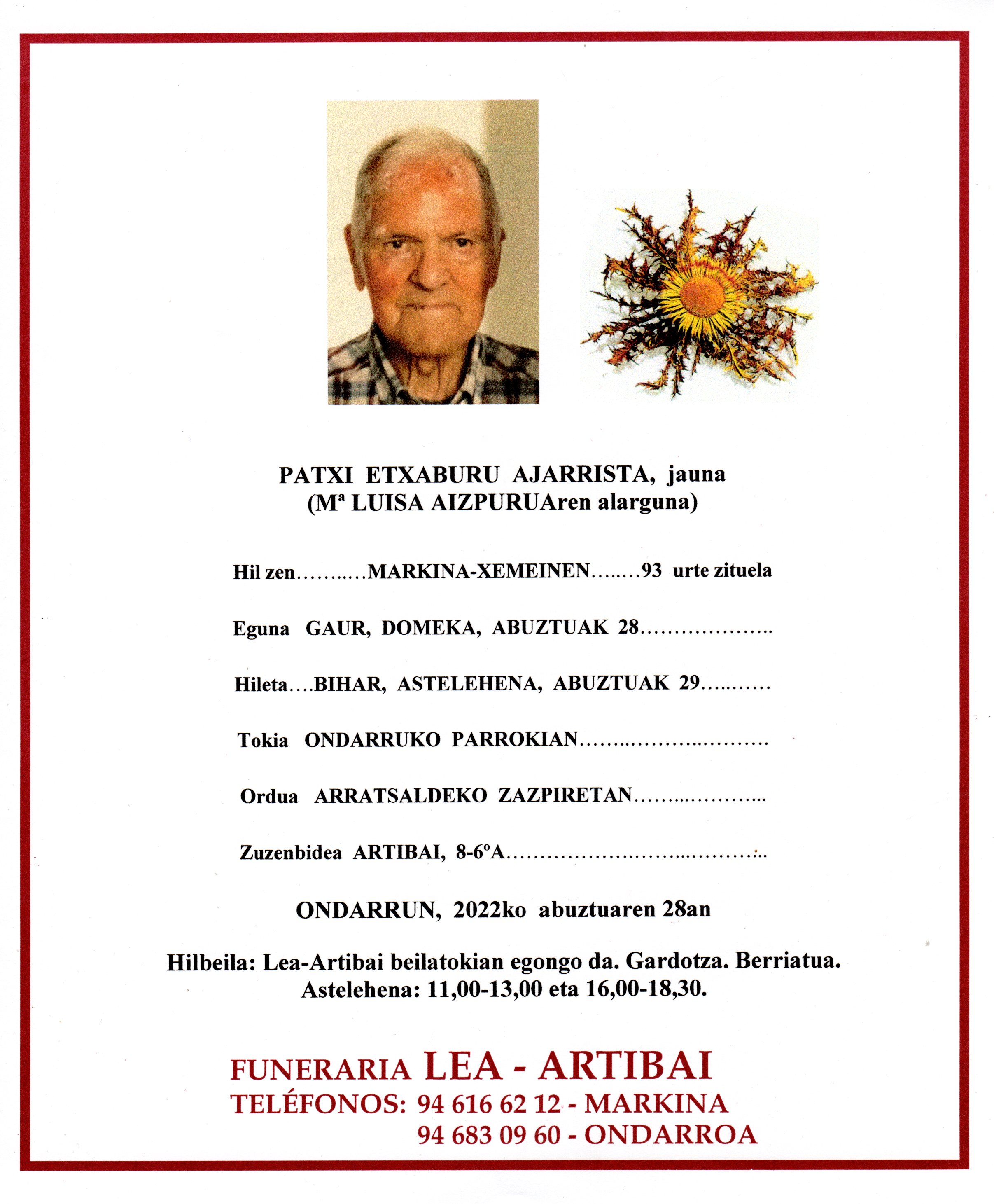 Esquela de Patxi Etxaburu Ajarrista