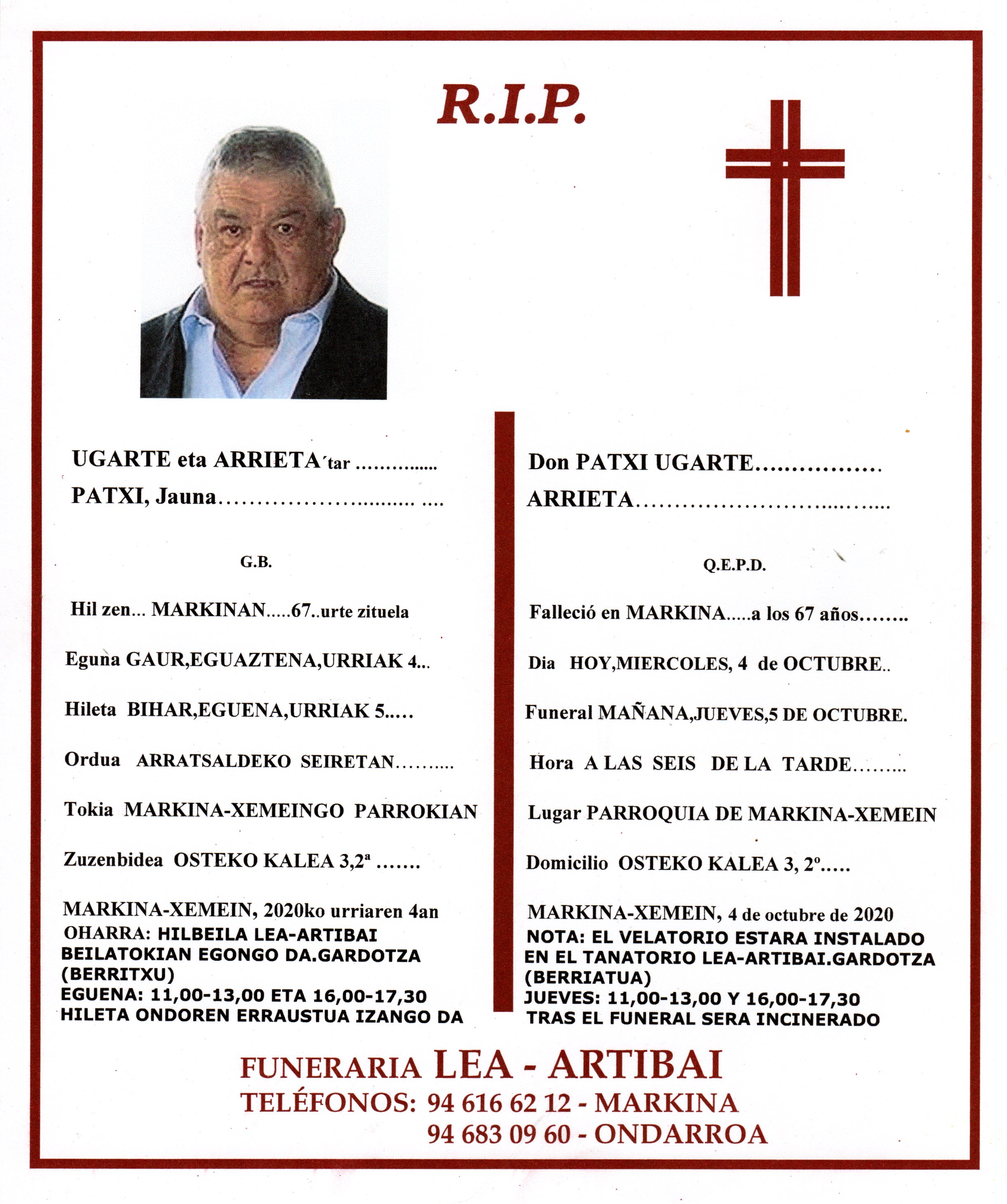 Esquela de Patxi Ugarte Arrieta
