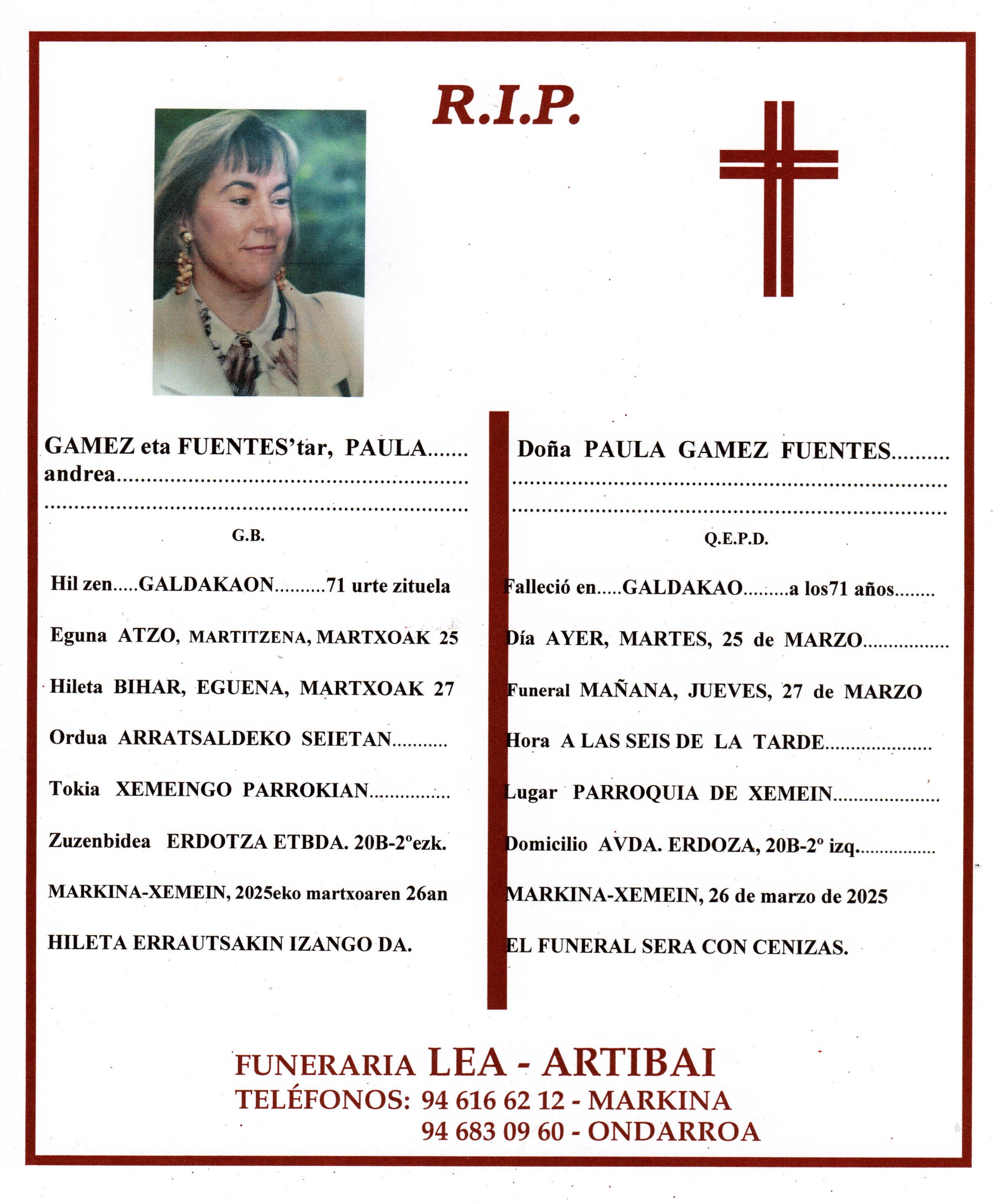 Esquela de Paula Gamez Fuentes