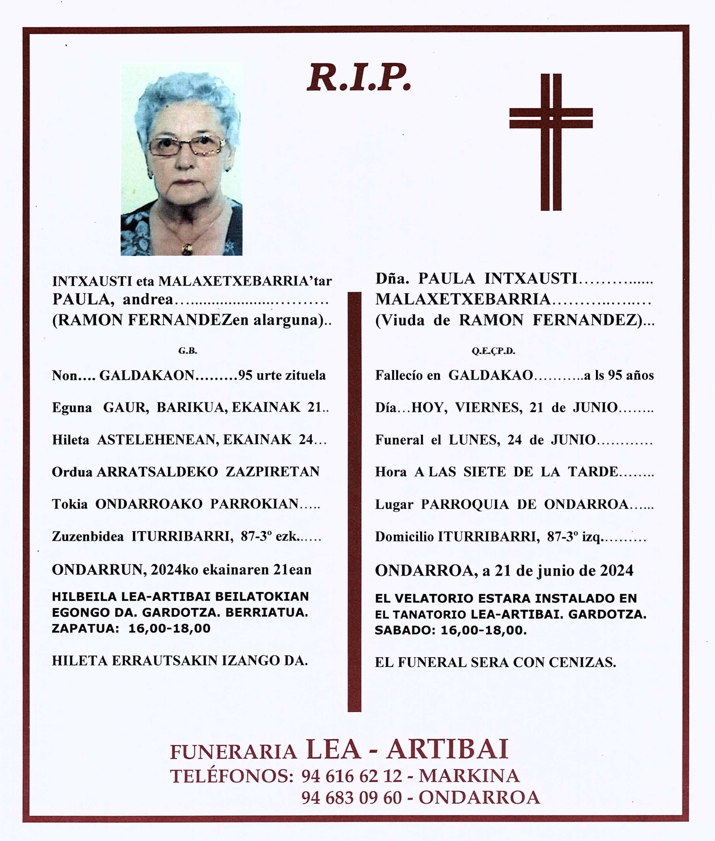 Esquela de Paula Intxausti Malaxetxebarria