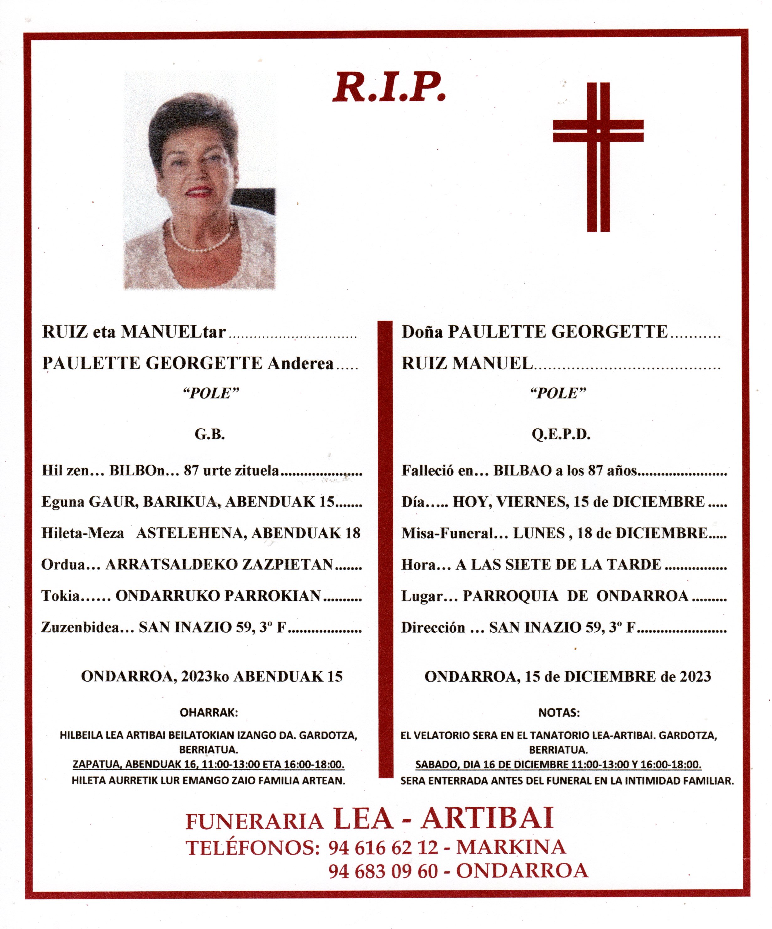 Esquela de Paulette Georgette Ruiz Manuel
