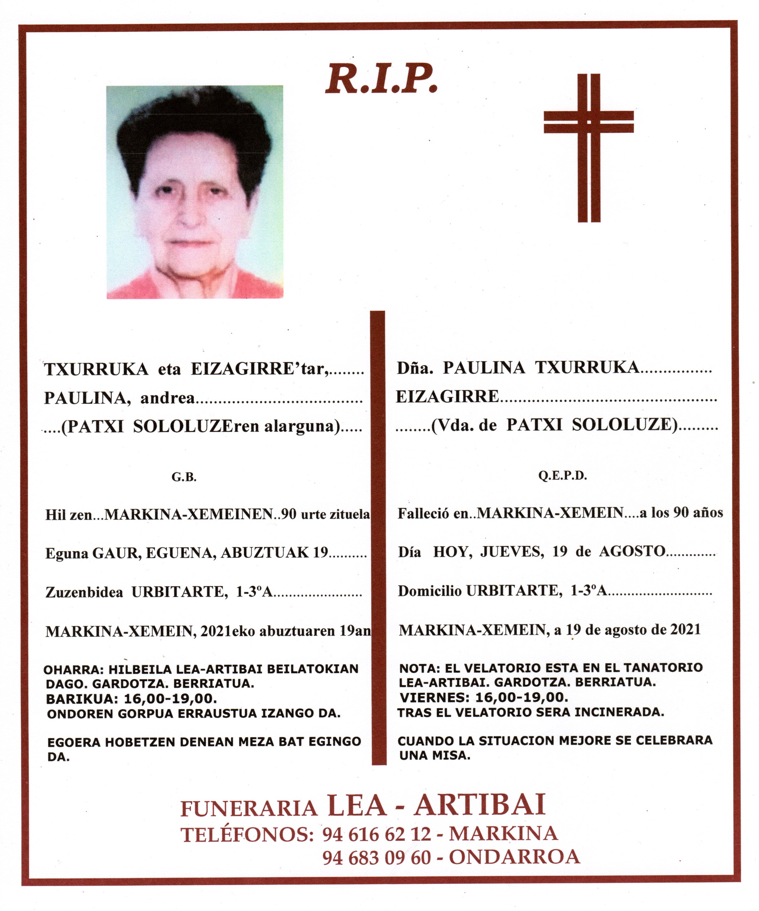 Esquela de Paulina Txurruka Eizagirre
