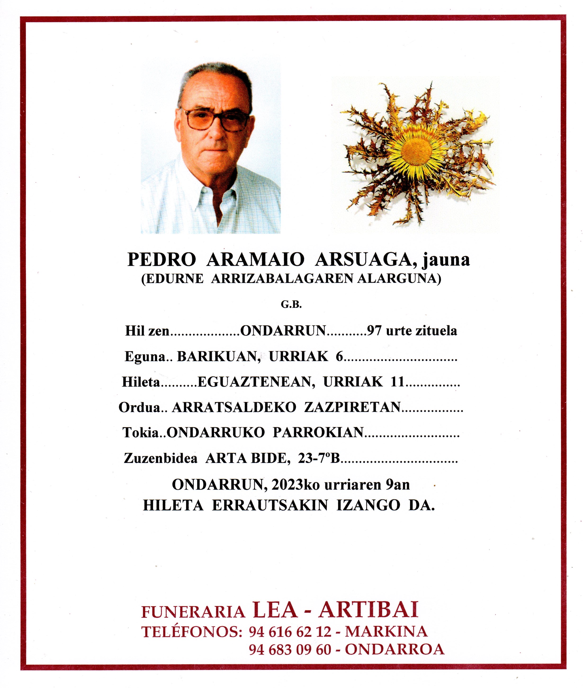 Esquela de Pedro Aramaio Arsuaga
