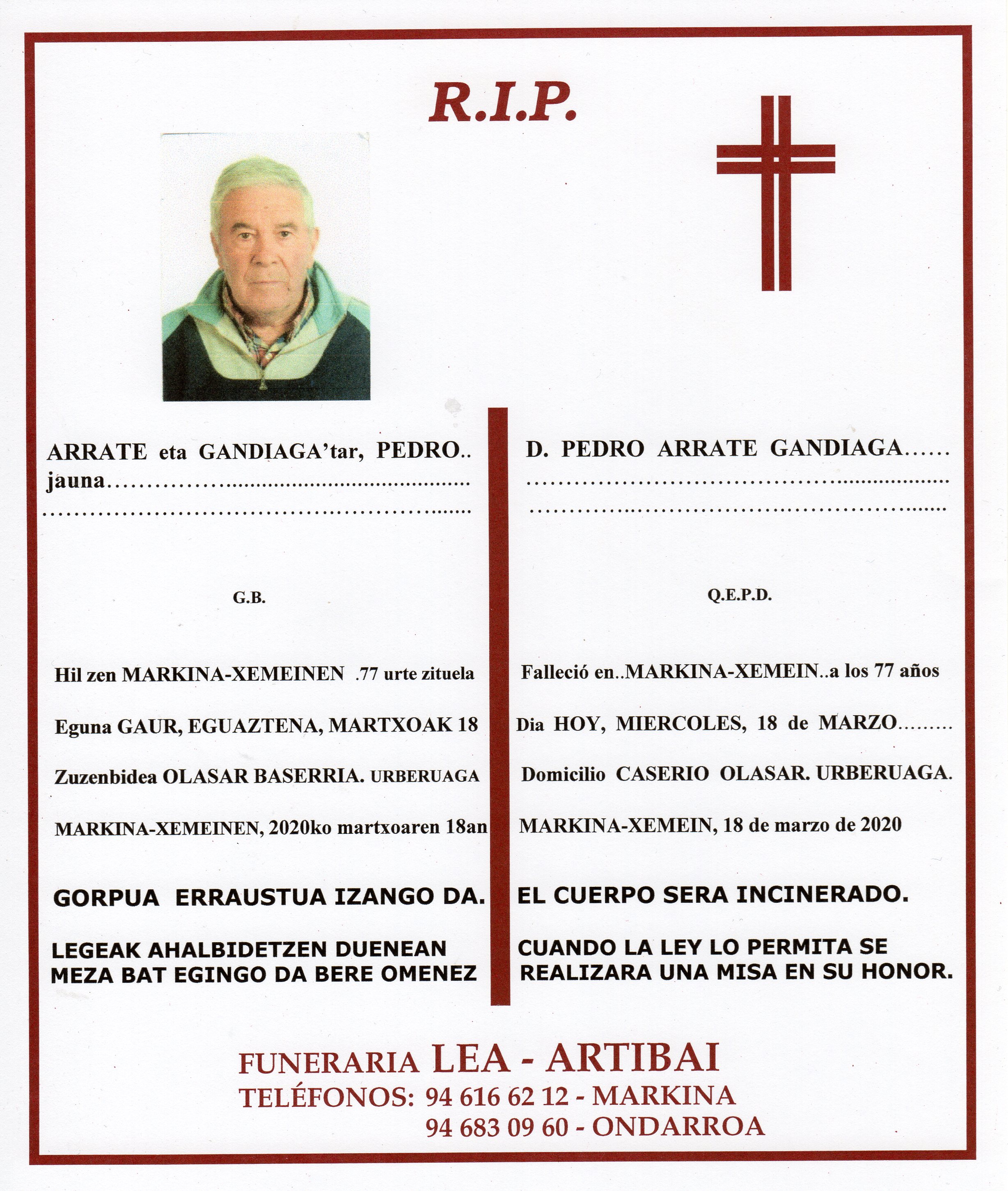 Esquela de Pedro Arrate Gandiaga