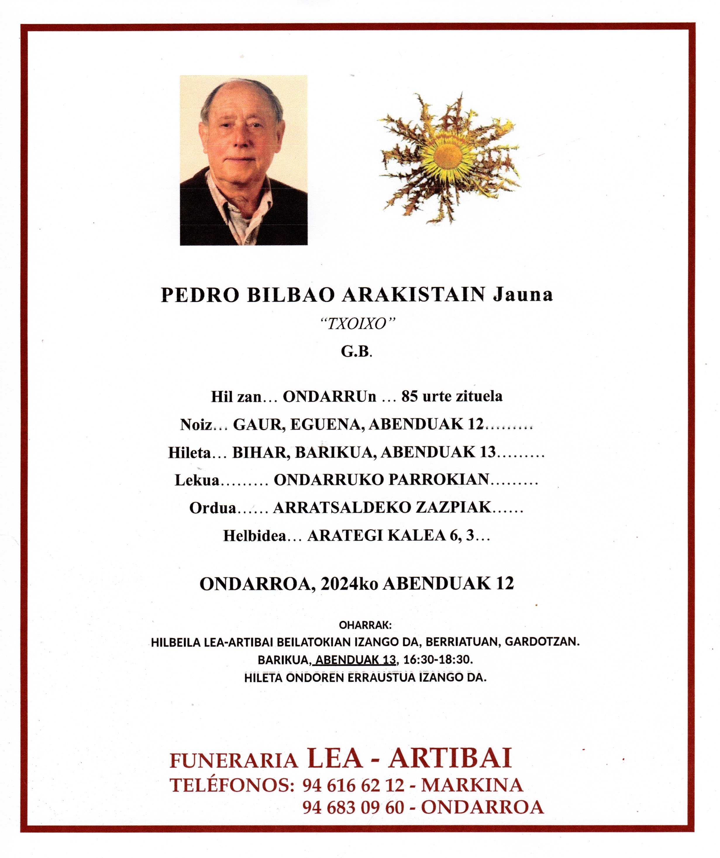 Esquela de Pedro Bilbao Arakistain
