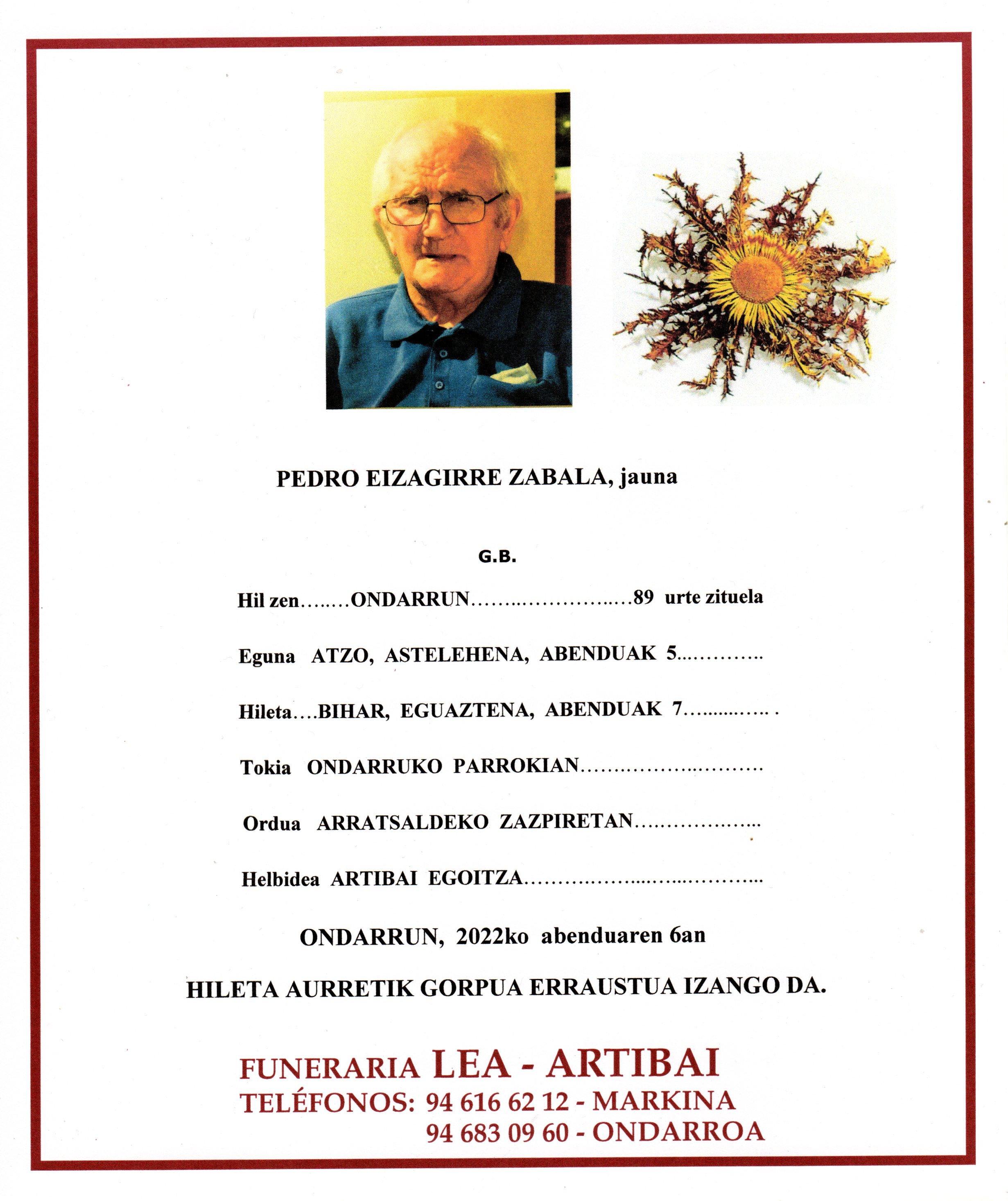 Esquela de Pedro Eizagirre Zabala