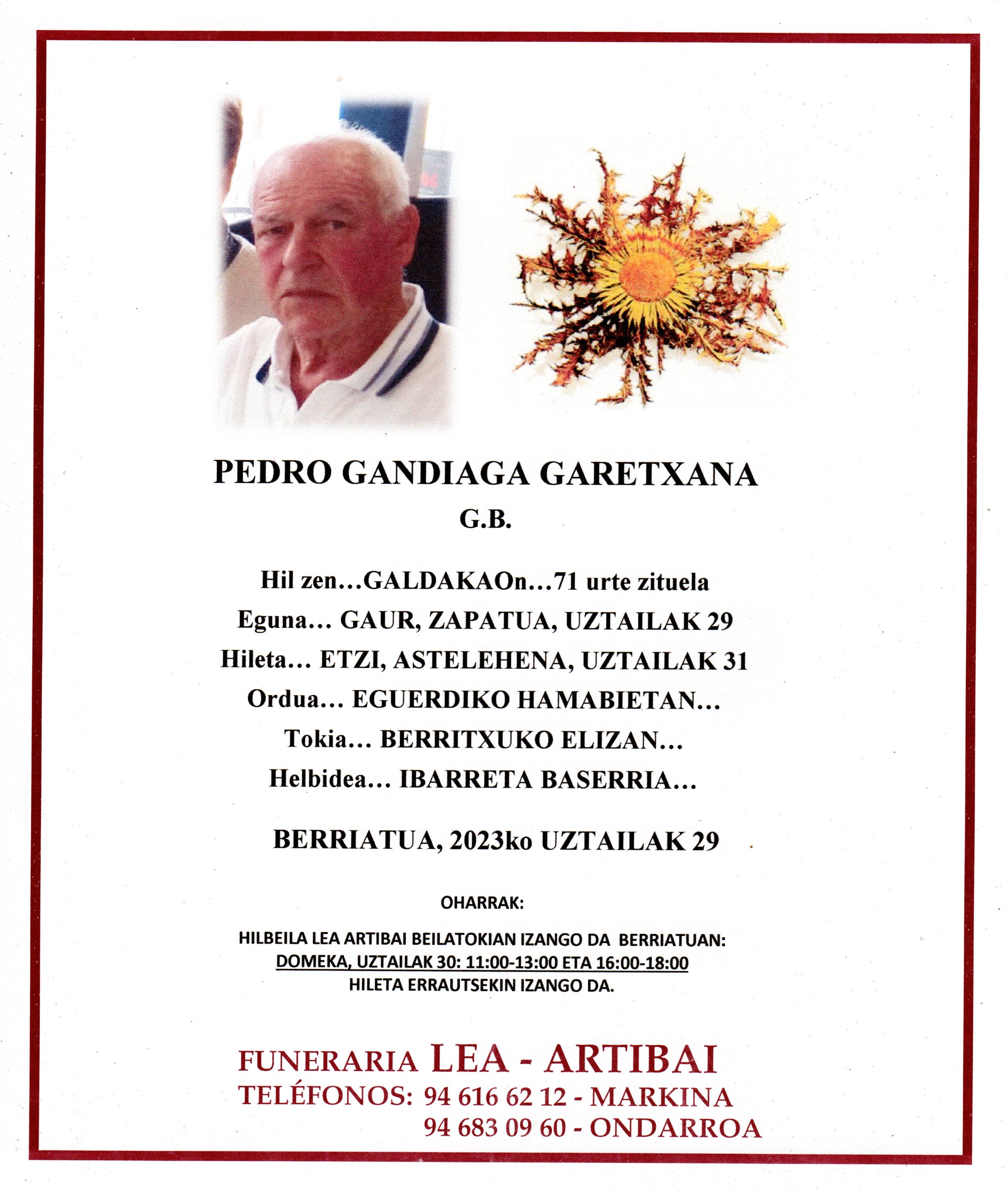 Esquela de Pedro Gandiaga Garetxana