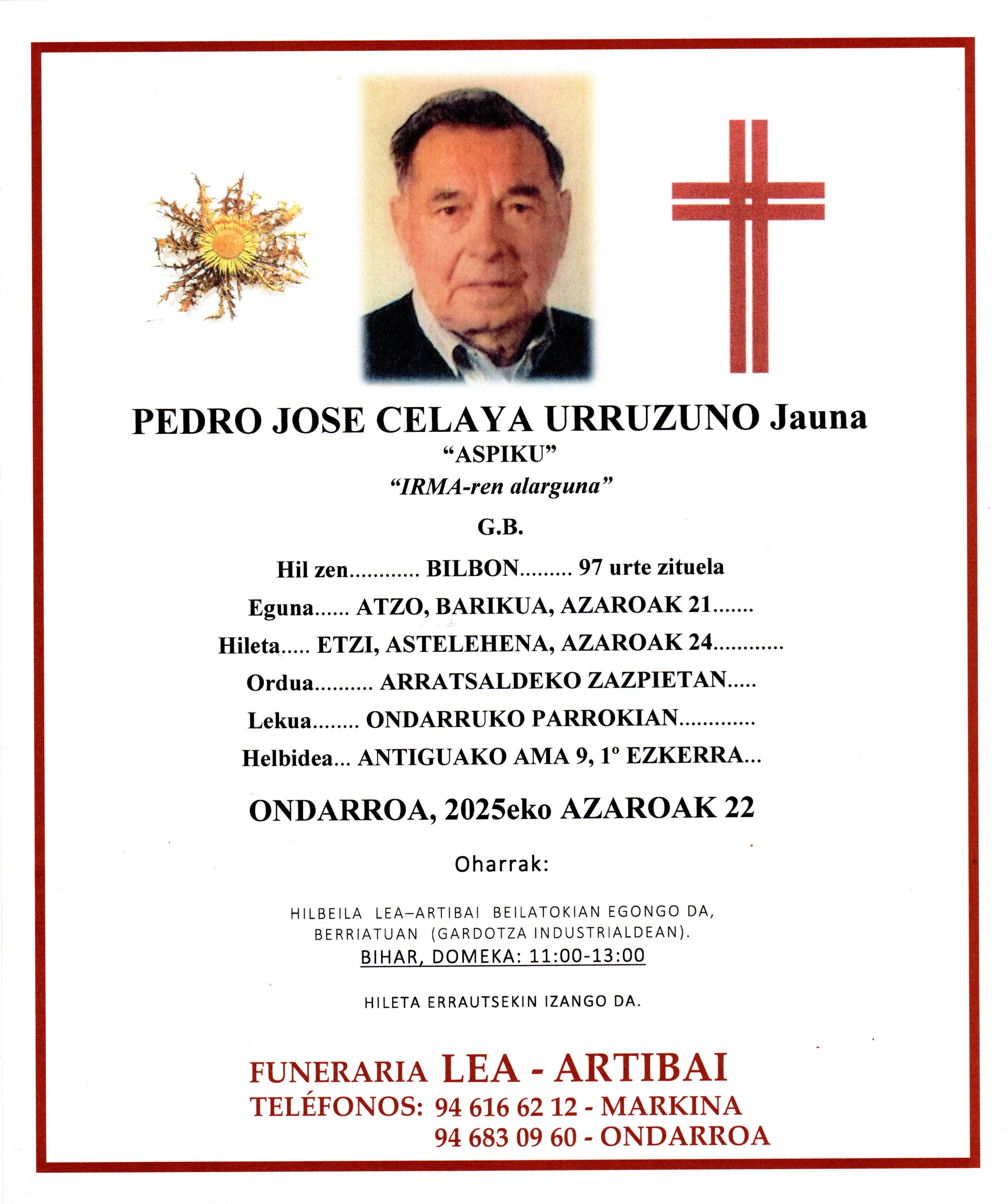 Esquela de Pedro Jose Celaya Urruzuno